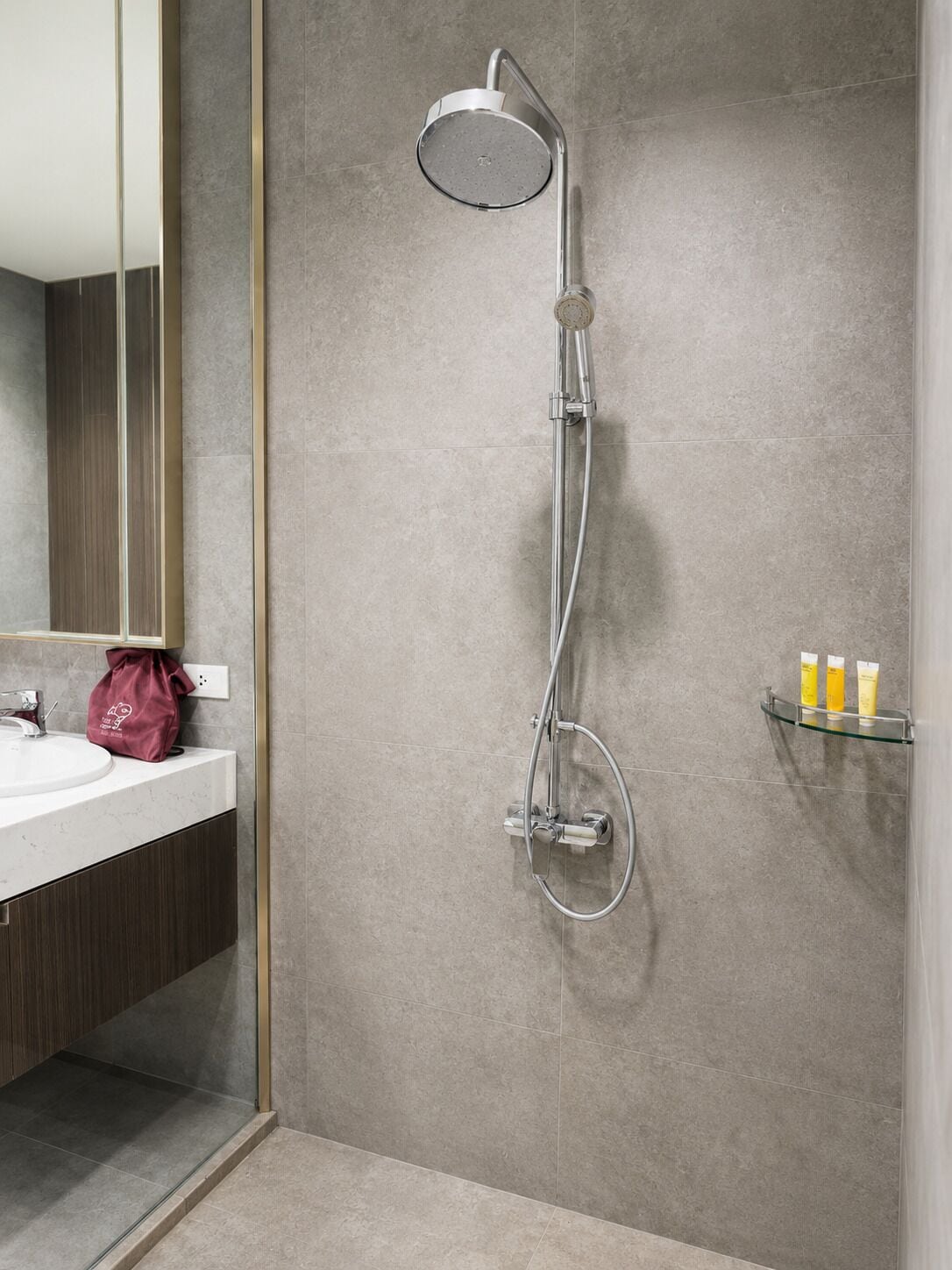 A modern bathroom with a shower, a sink, and a mirror.