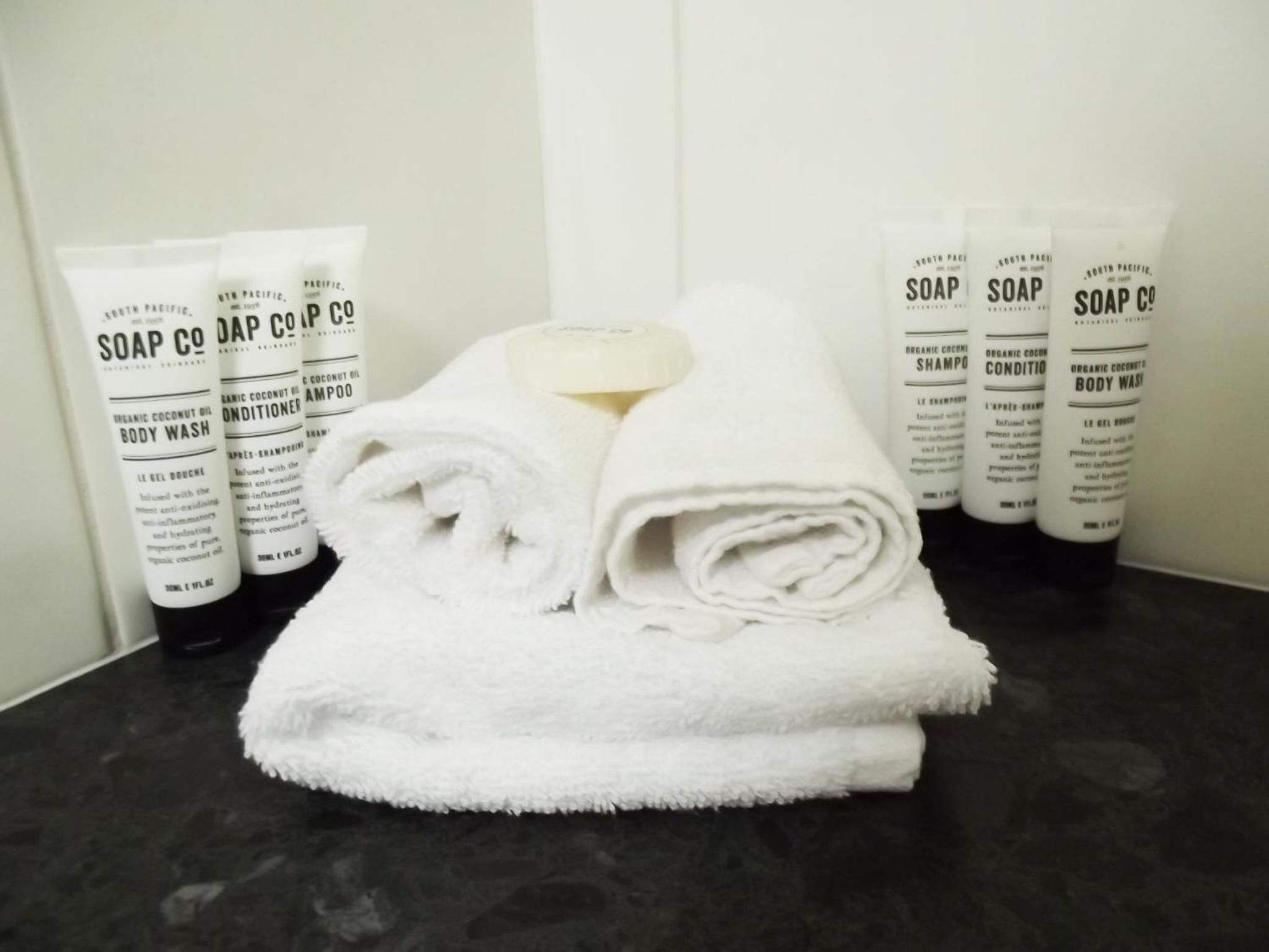 free toiletries, hair dryer, towels