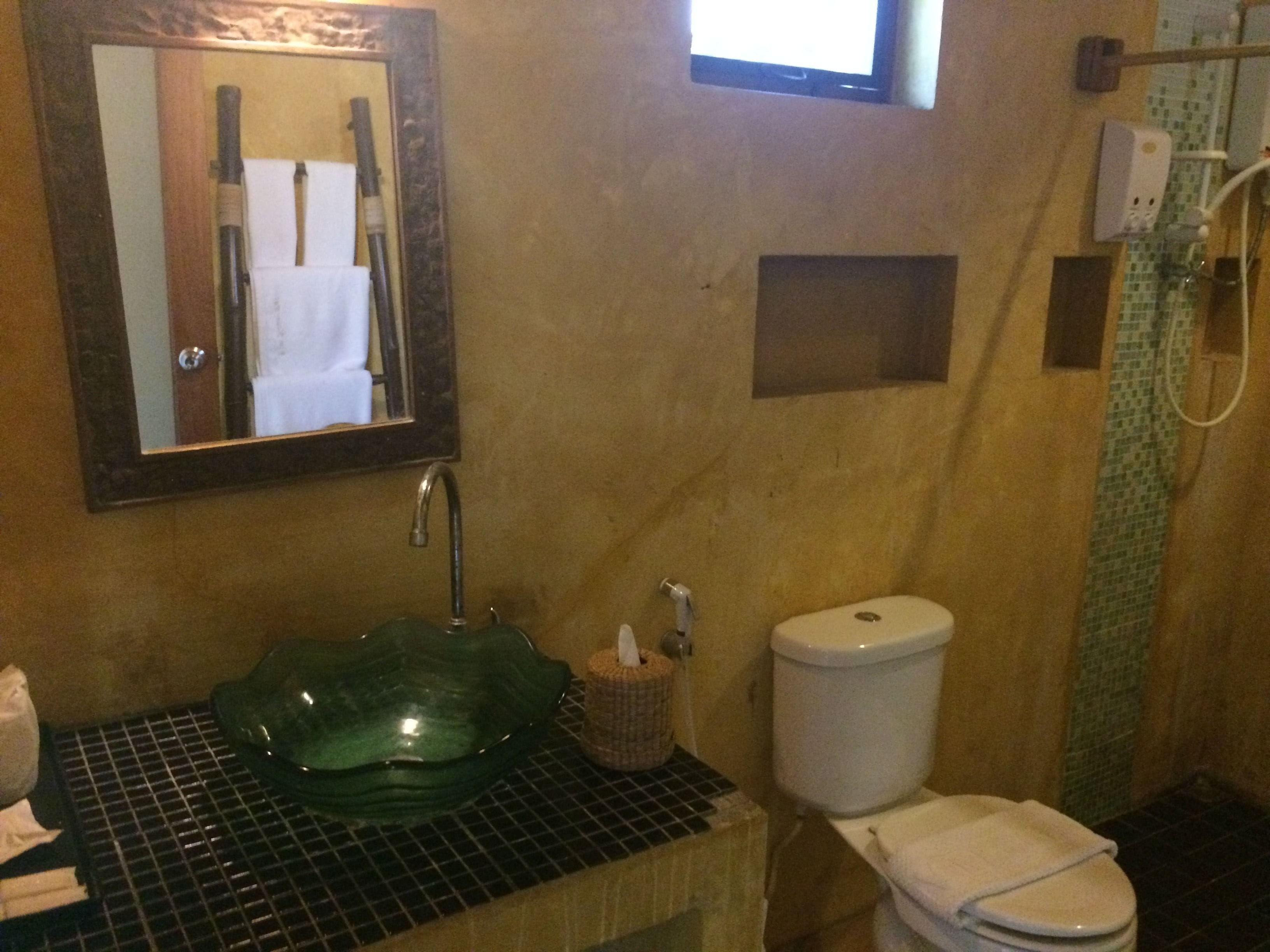 Une salle de bain avec un lavabo vert, un miroir, des toilettes et un espace douche.