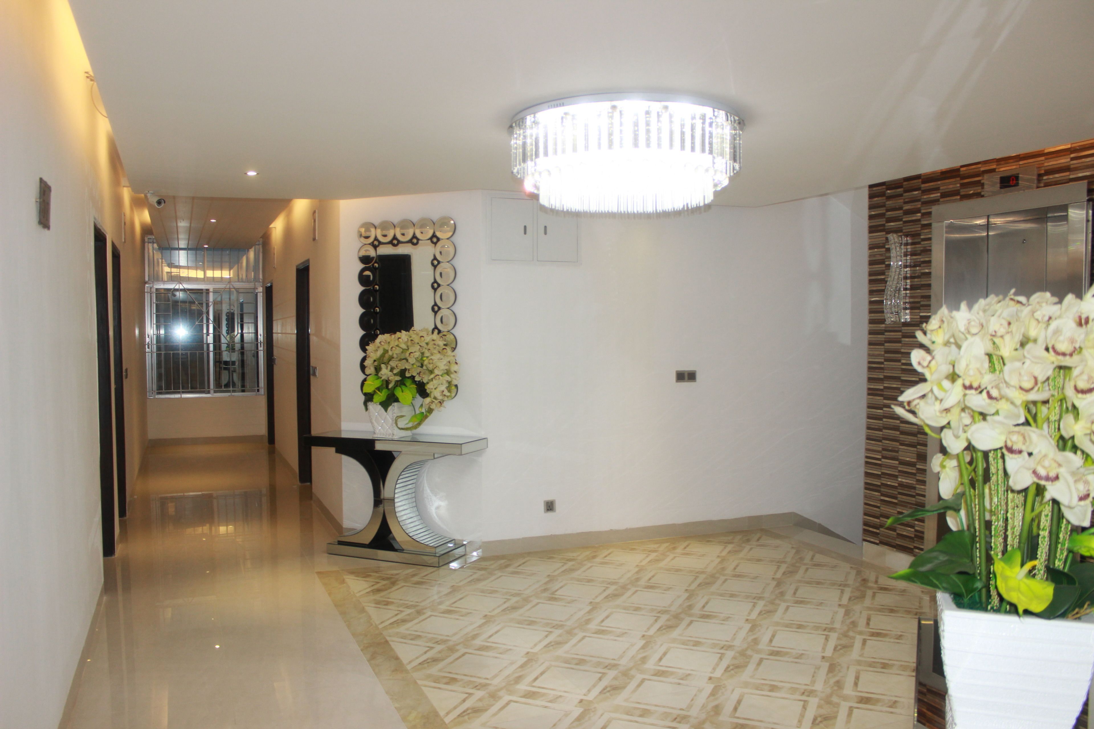 A modern hallway with a chandelier, a mirror with circular frames, and a potted orchid.