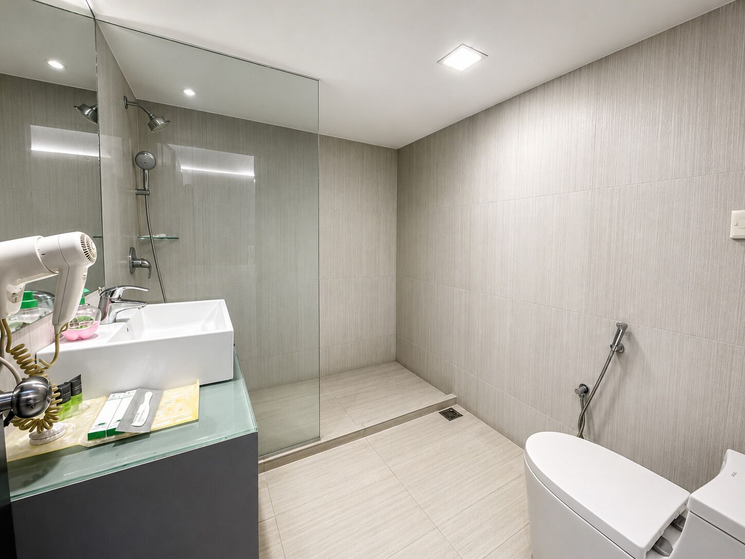 A modern bathroom with a glass shower enclosure, a white sink, and a toilet.