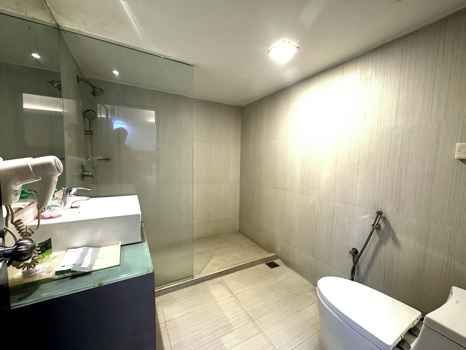 A modern bathroom with a glass shower enclosure, a white sink, and a toilet.