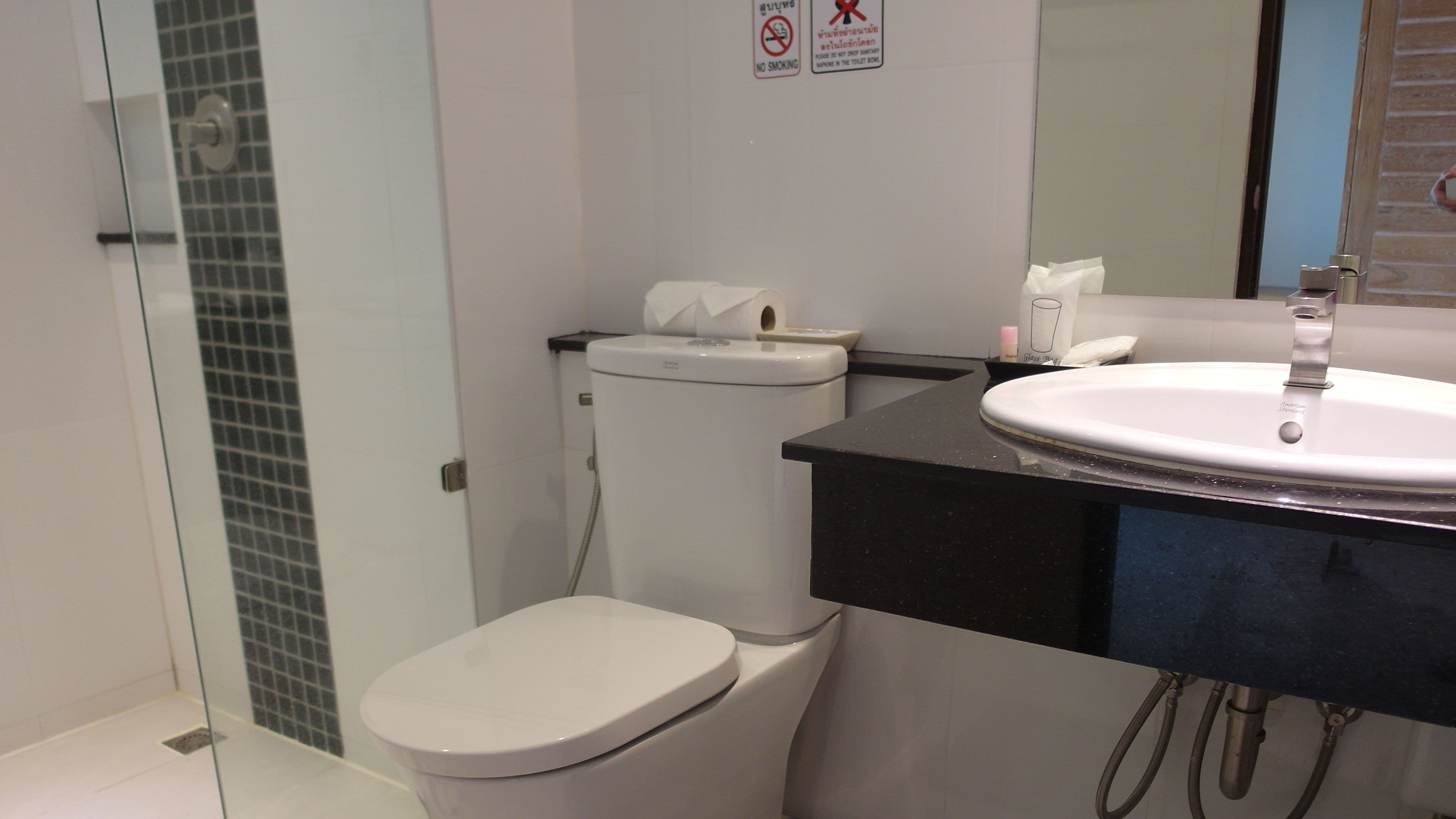 A modern bathroom with a toilet, sink, and glass shower enclosure.