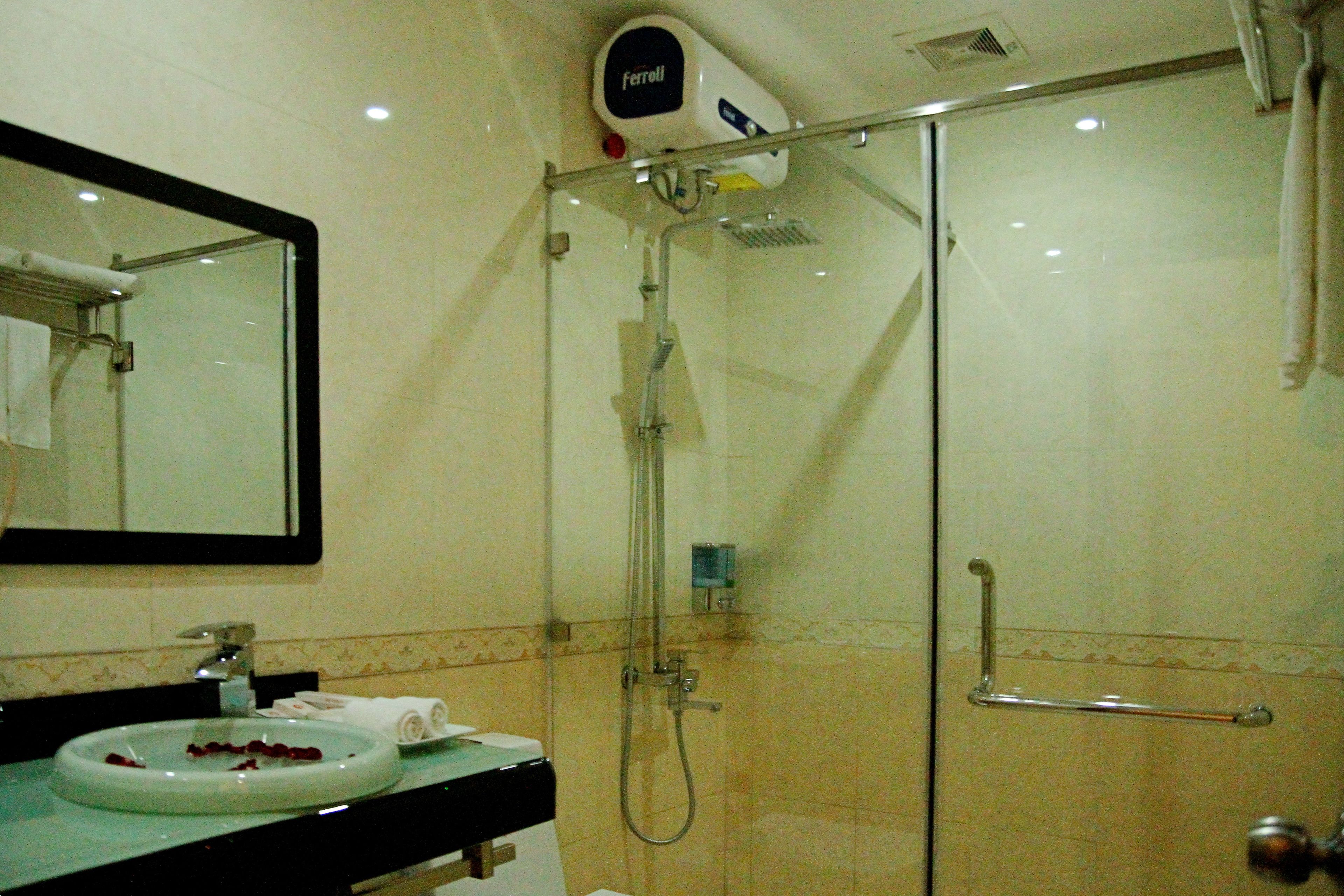 Une salle de bain équipée d’un lavabo, d’un miroir et d’une douche séparée par des parois en verre.