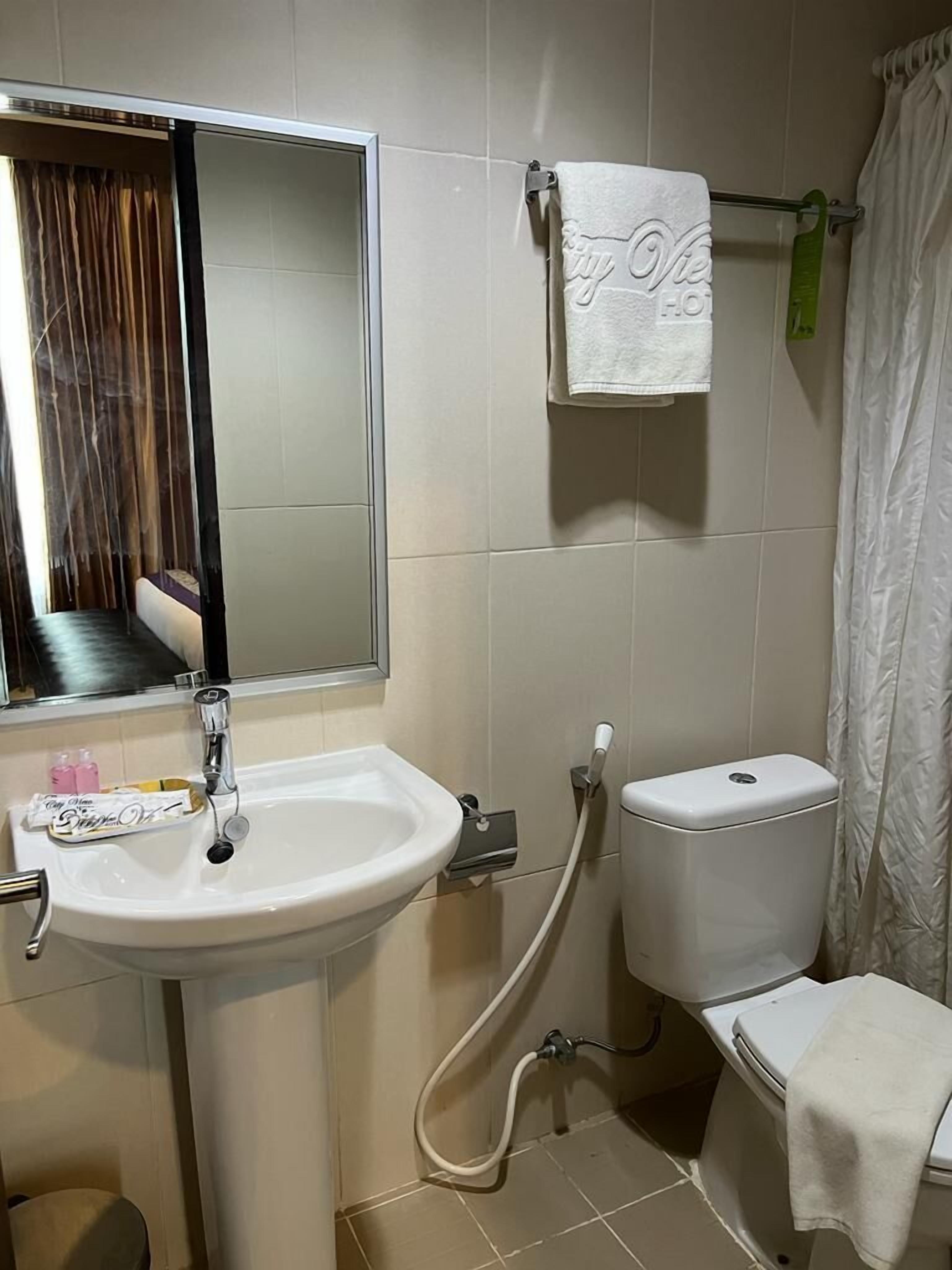 Ein Badezimmer mit weißem Waschbecken, Toilette und Duschvorhang.