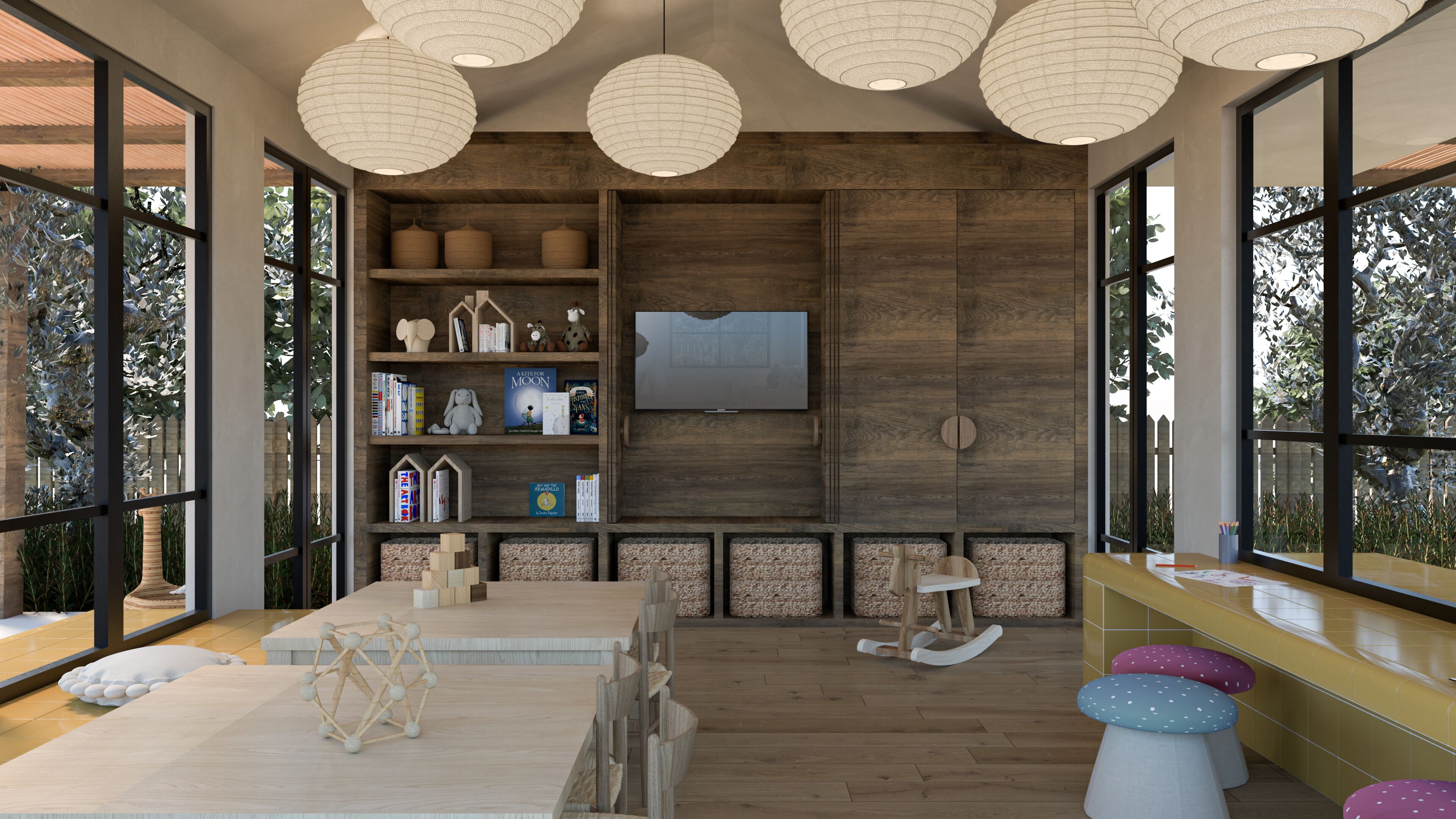 A modern interior with wooden shelves, a flat-screen TV, and a wooden rocking chair.
