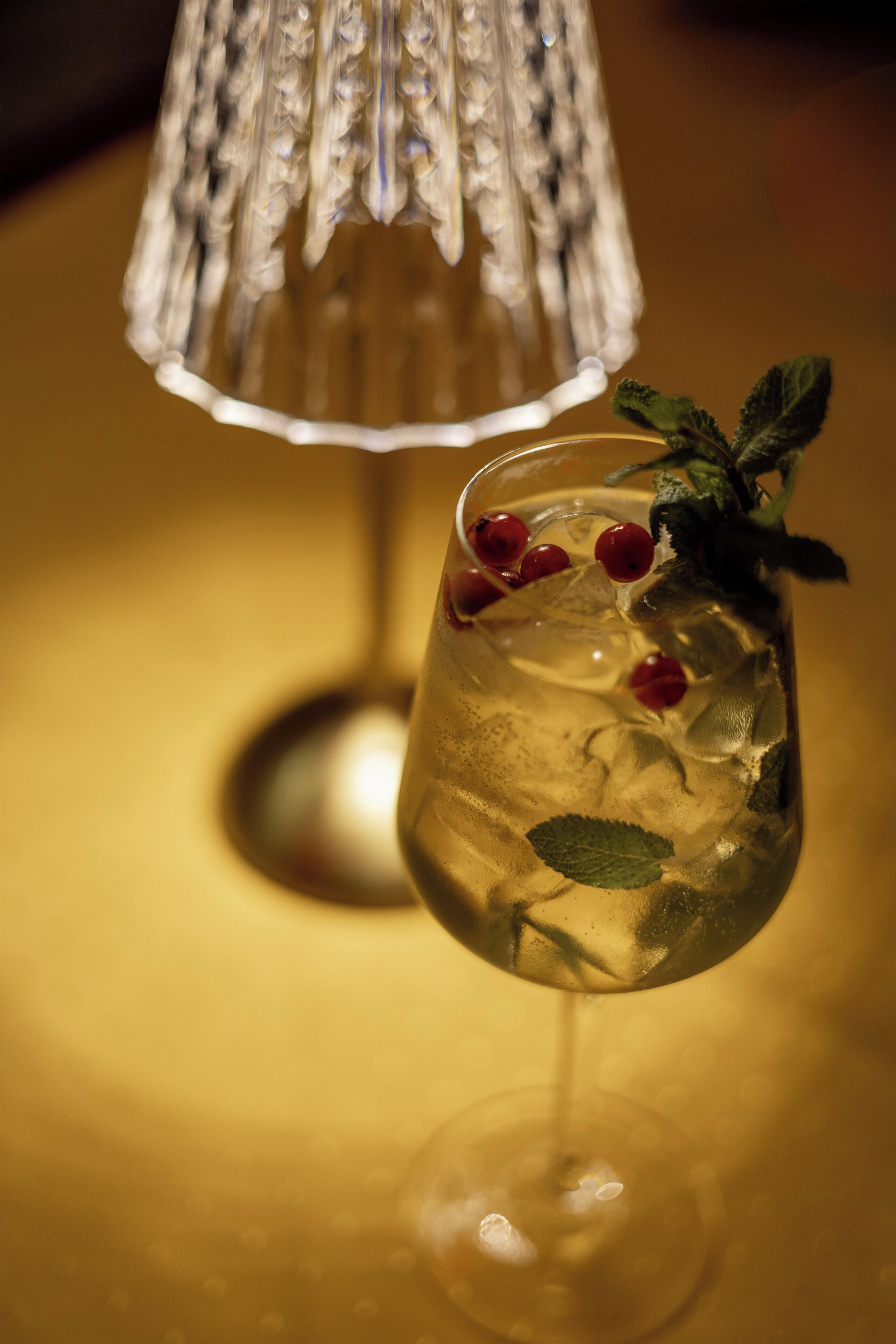 Un vaso con bebida, hielo y una hoja de menta.