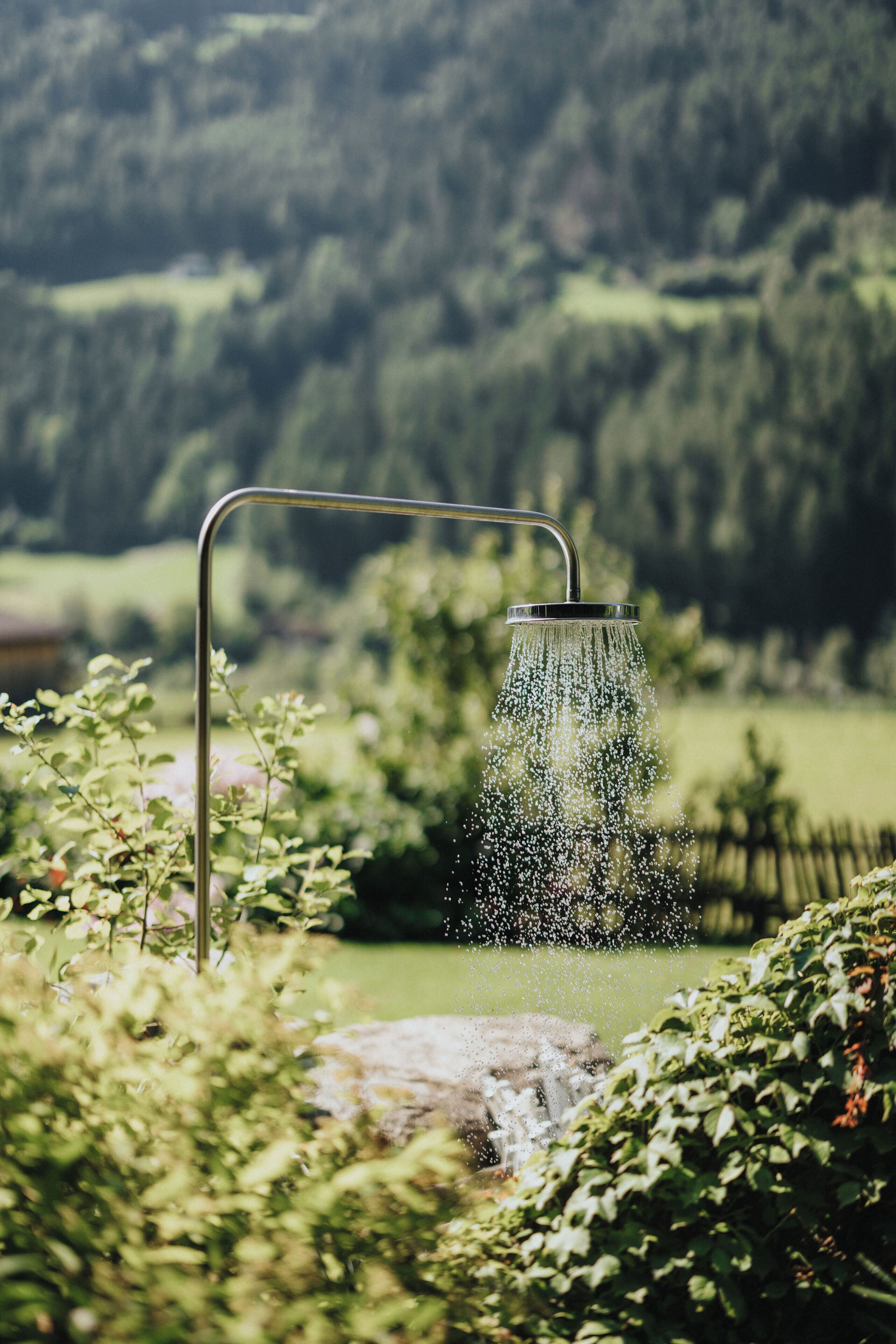 Un cabezal de ducha metálico con agua saliendo en un exuberante jardín.