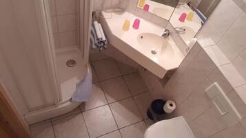 Un bagno con doccia, WC, lavandino e specchio.
