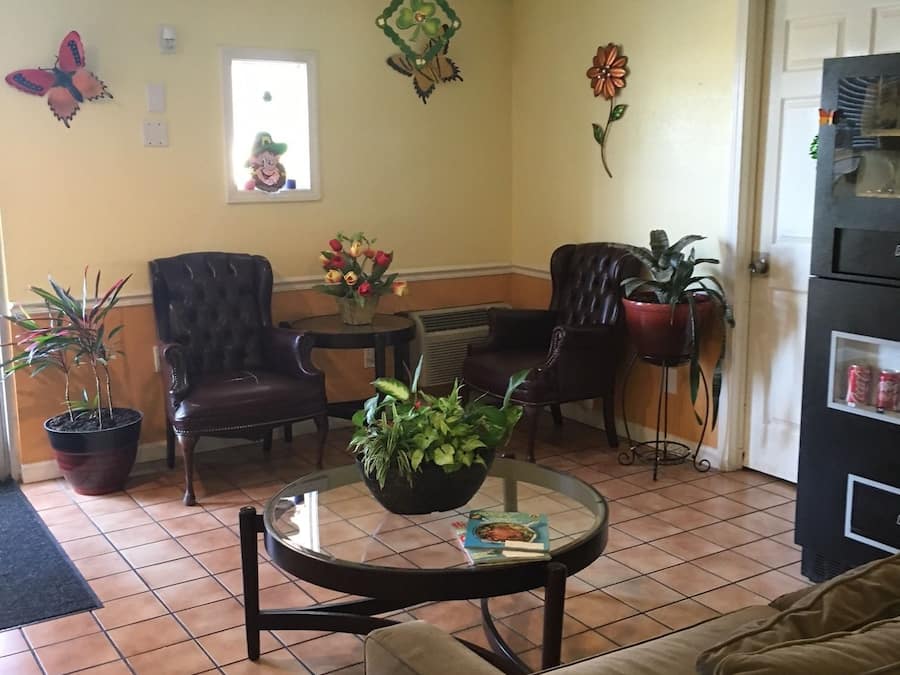 Une pièce chaleureuse avec une table ronde, deux fauteuils en cuir, un canapé et une plante en pot.