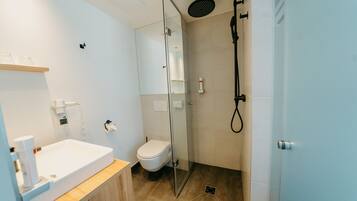A modern bathroom with a glass-enclosed shower, a white sink, and a toilet.