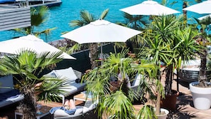 Zona de piscina con sillones de descanso, sombrillas y plantas en macetas.