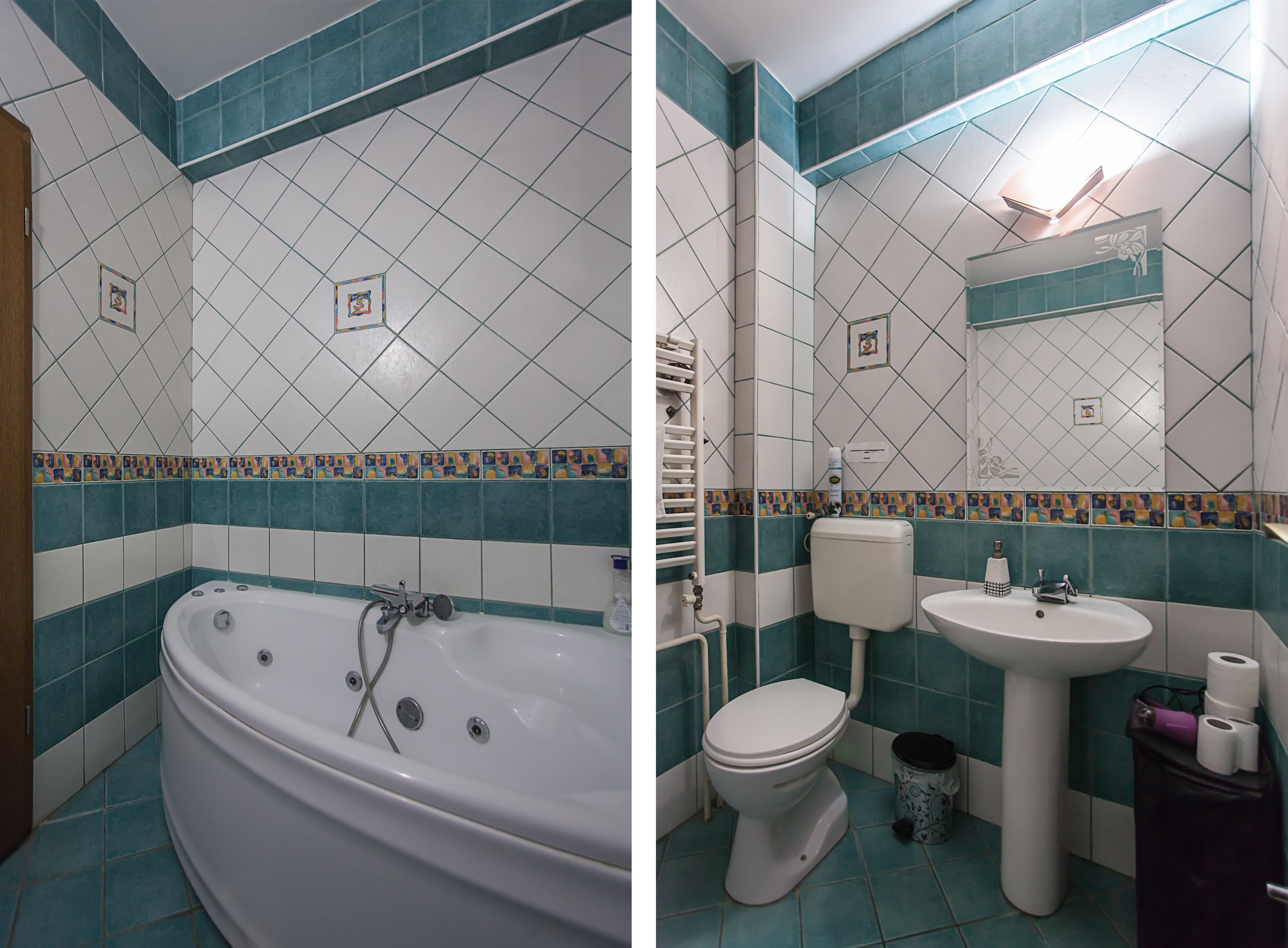 Un baño con bañera, inodoro, lavabo y paredes de azulejos.