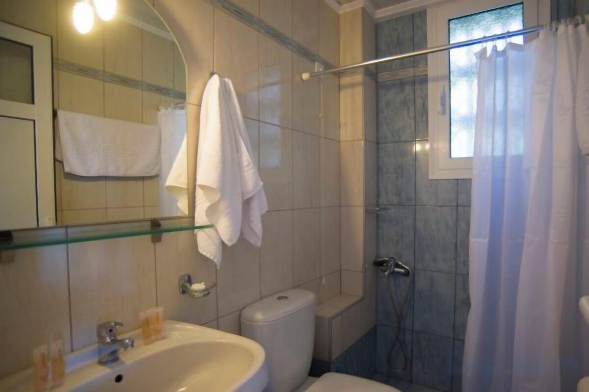 Shower, free toiletries, hair dryer, towels