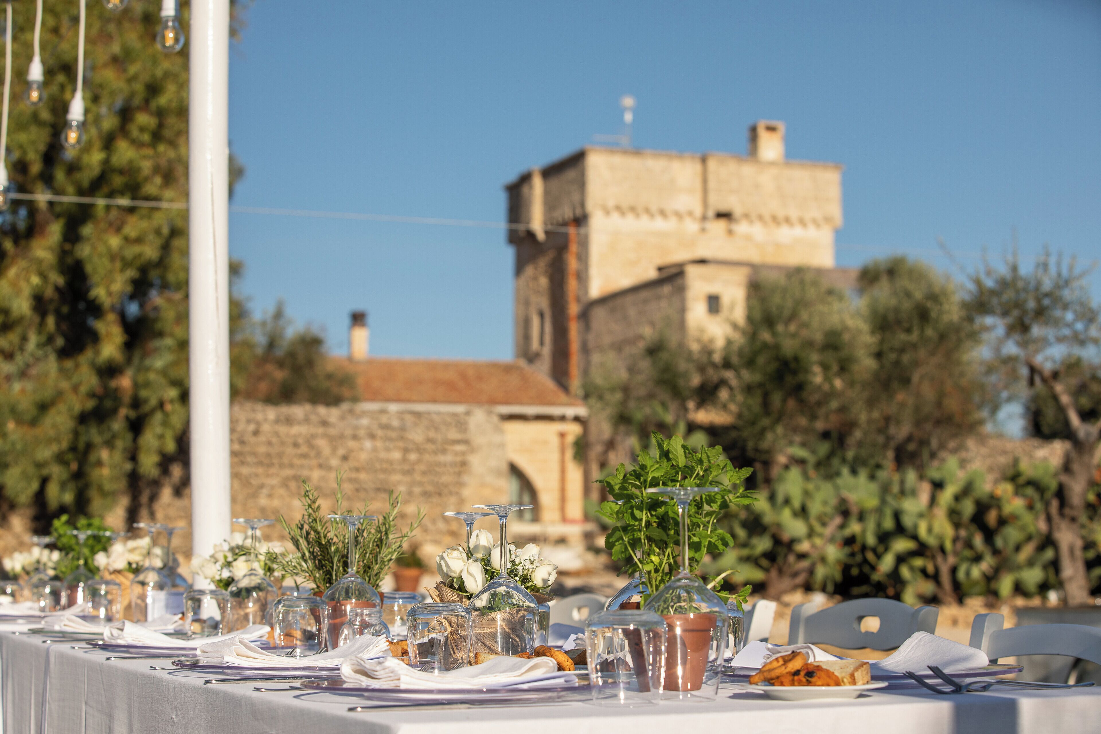 A table set for a meal with clear glassware and a plate of food, set against a backdrop of a building and trees.