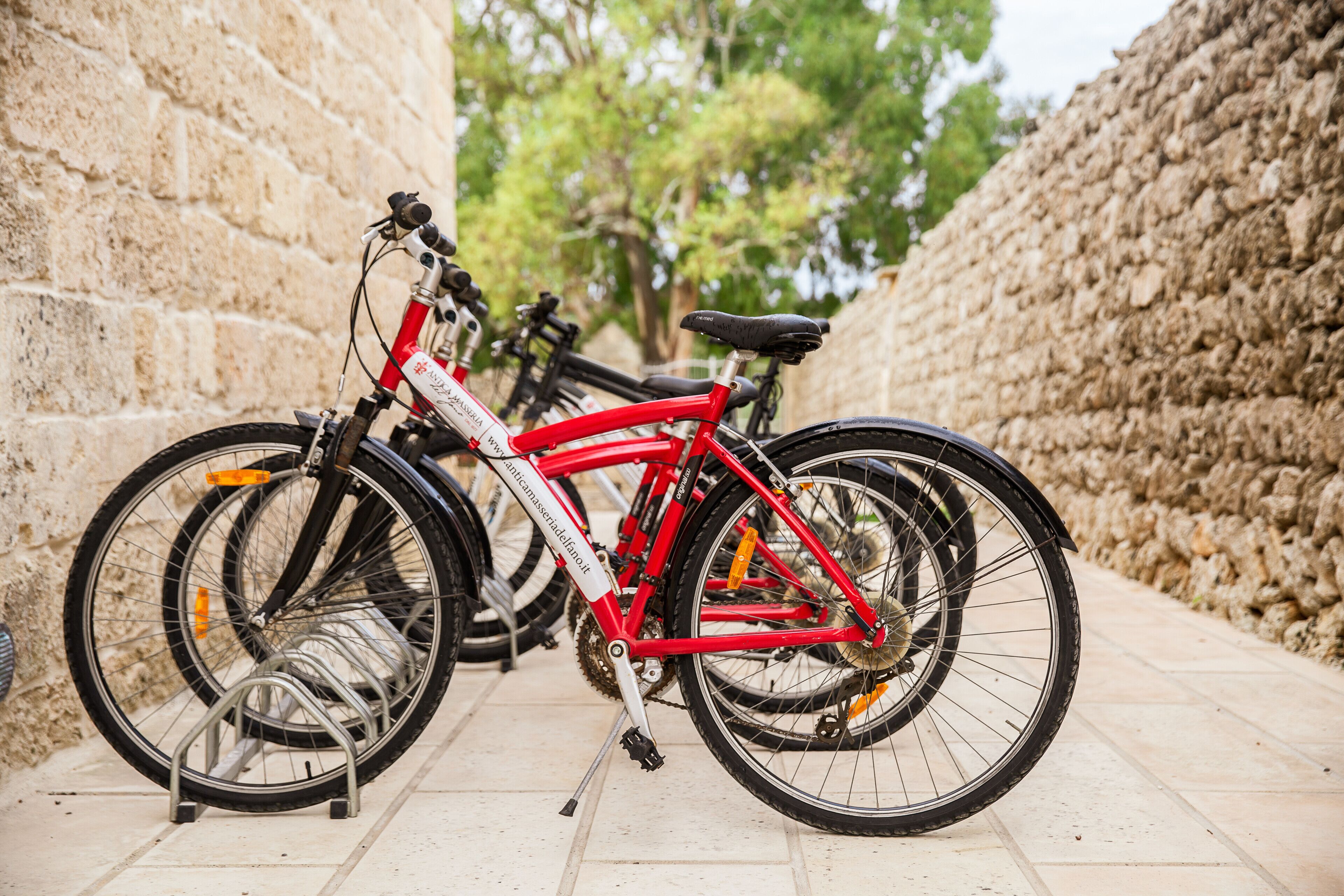 Una bicicleta roja estacionada sobre un sendero adoquinado, con un muro de piedra a un lado y un árbol al fondo.