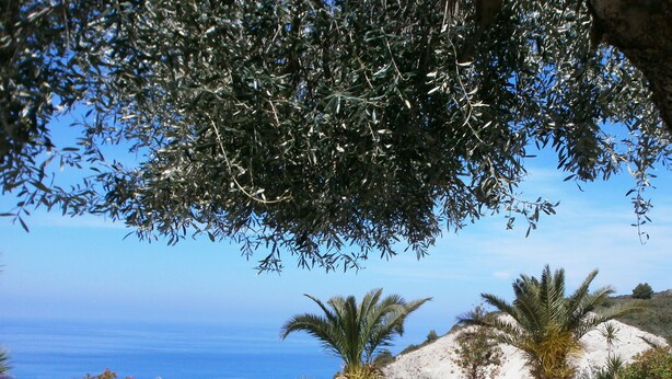 A stone patio with a round table and four chairs, overlooking a coastal landscape with the sea and hills in the background. - La Casa D' Irene (Lefkada)