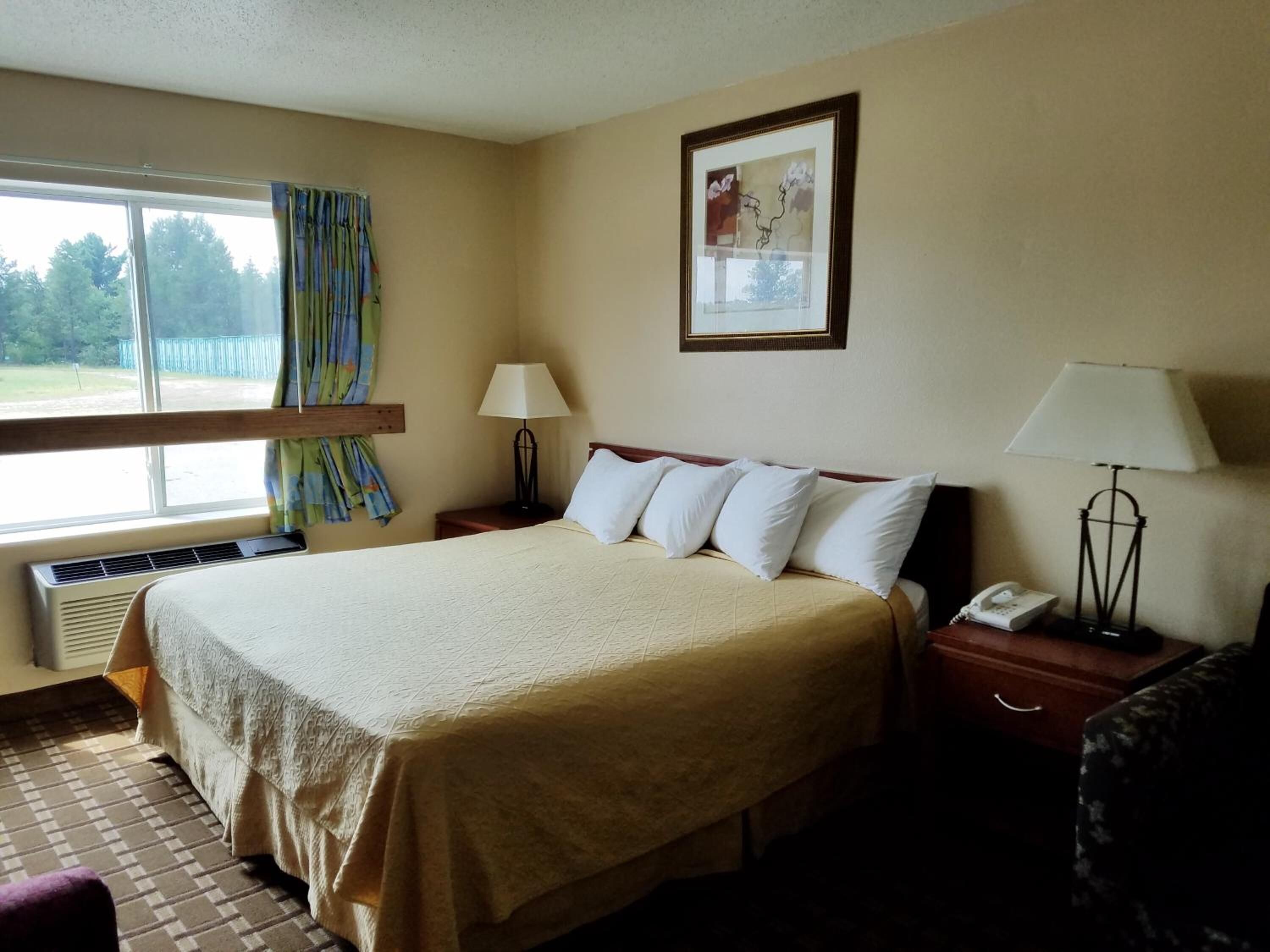 A hotel room with a large bed, two bedside tables, a window with curtains, a framed picture on the wall, and a telephone on one of the tables.