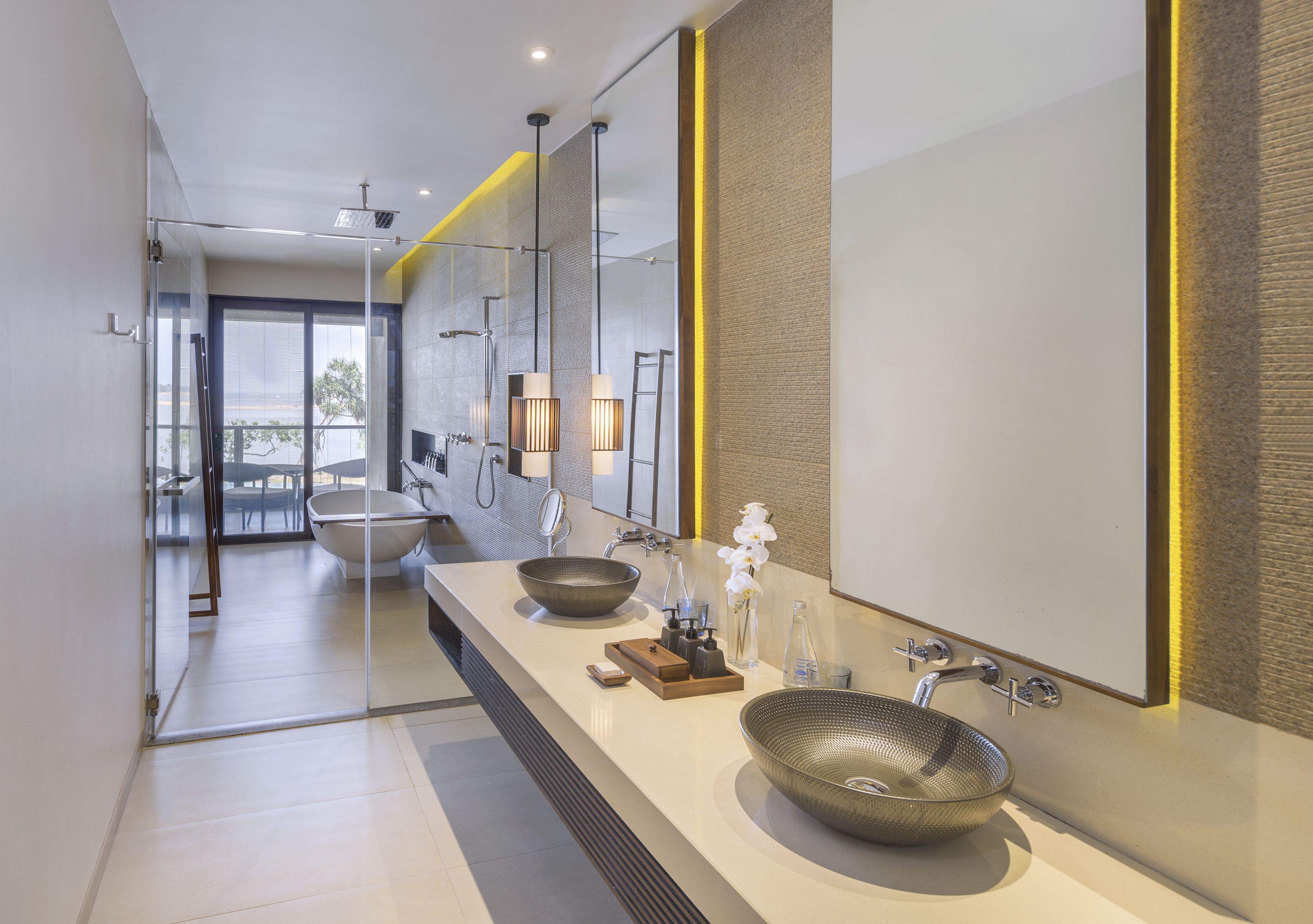 separate bathtub and shower, free toiletries, bathrobes, slippers