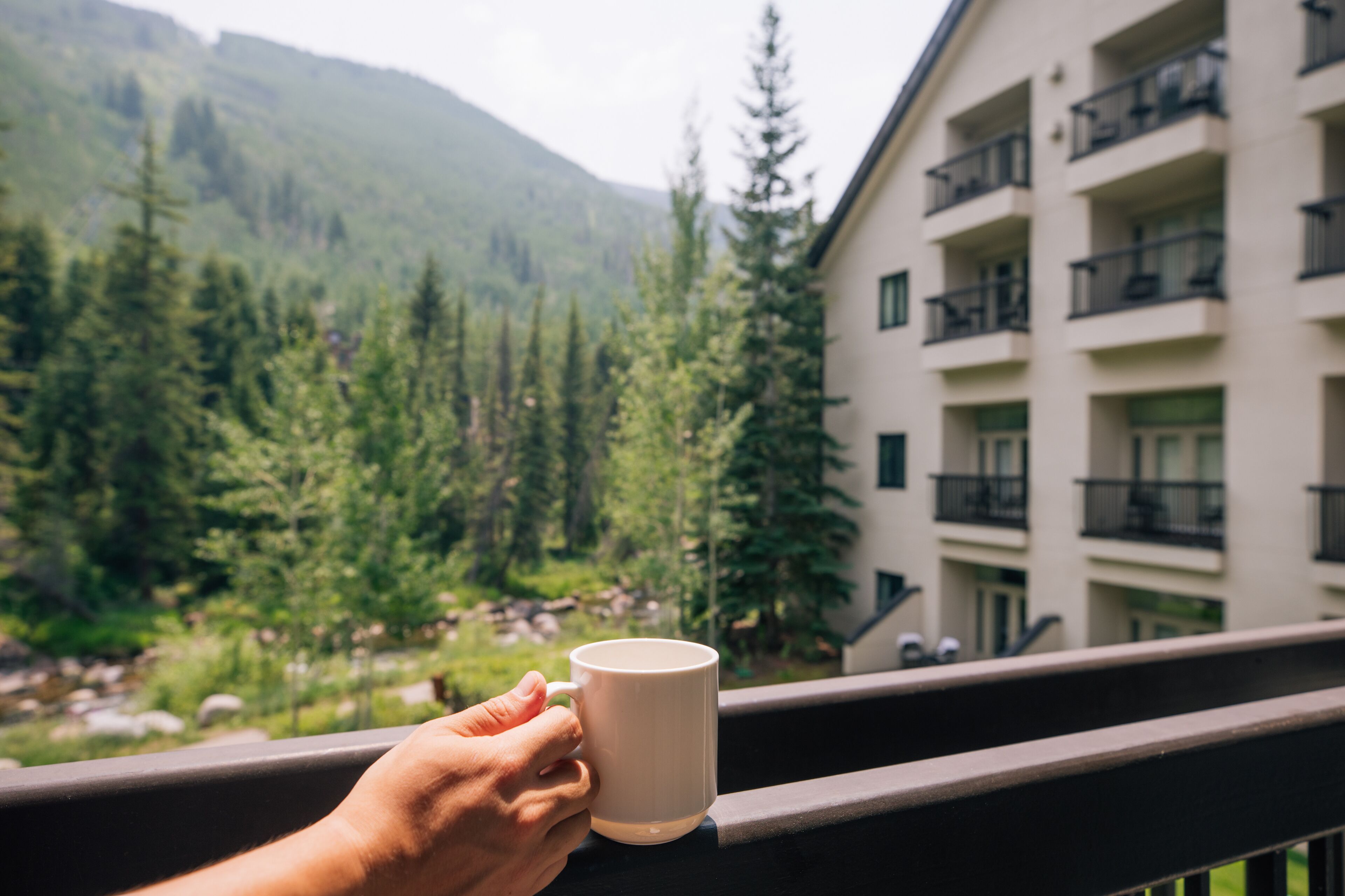 A hand holding a mug on a balcony overlooking a mountainous landscape with a building in the background.