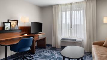 Desk, laptop workspace, blackout curtains, iron/ironing board