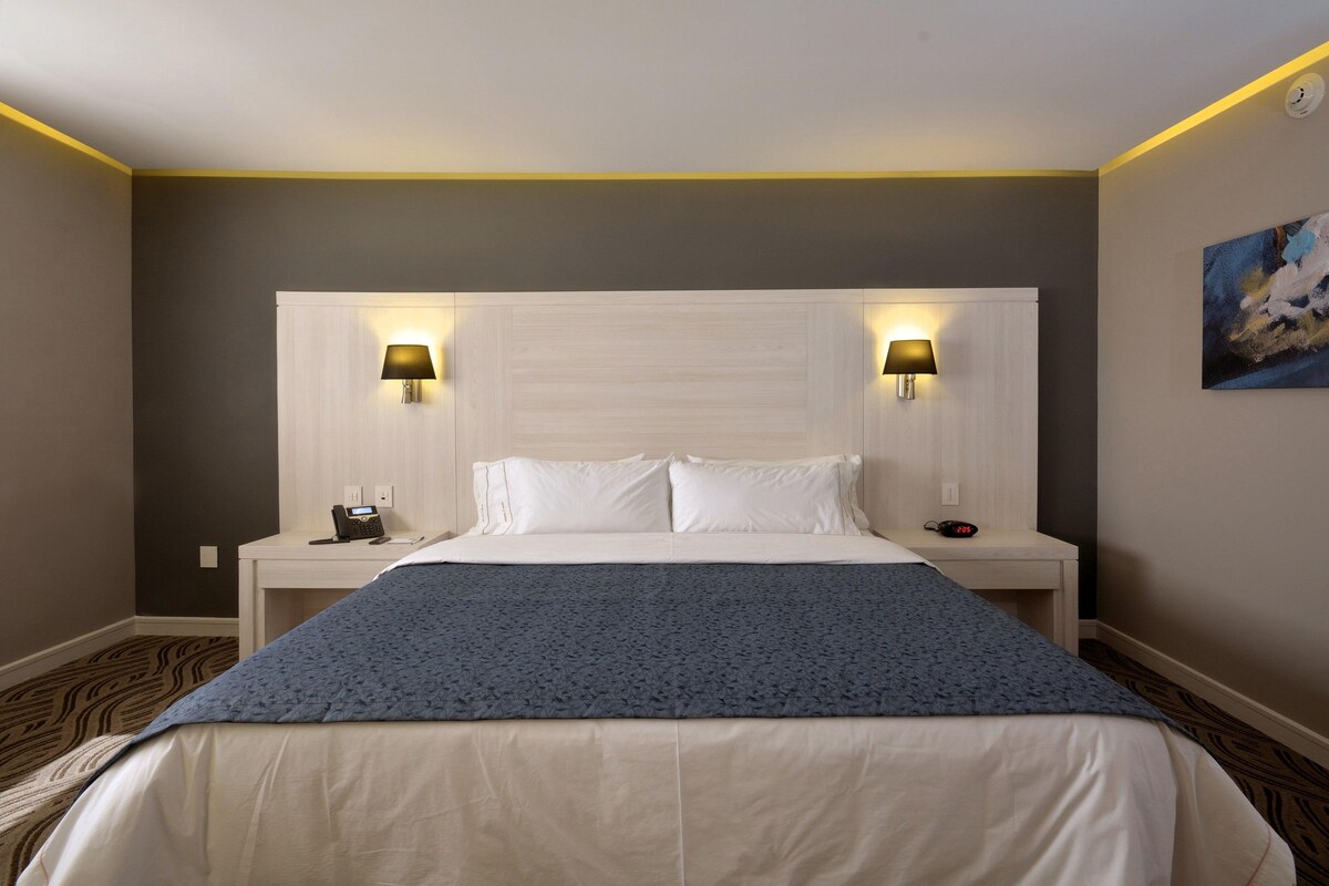 A hotel room with a large bed, two bedside tables, a telephone, and a painting on the wall.