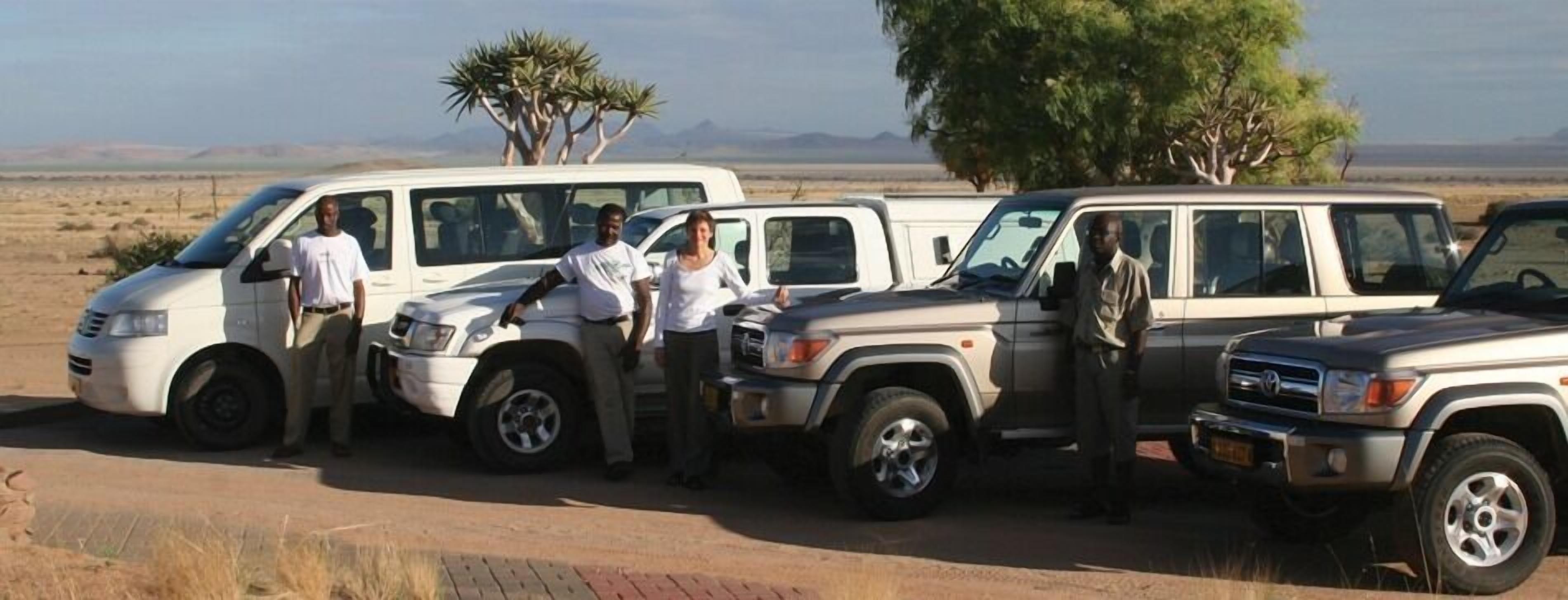 A row of parked vehicles in a desert setting.