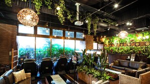 Un espace intérieur accueillant avec des canapés en cuir, une table basse et des plantes suspendues.