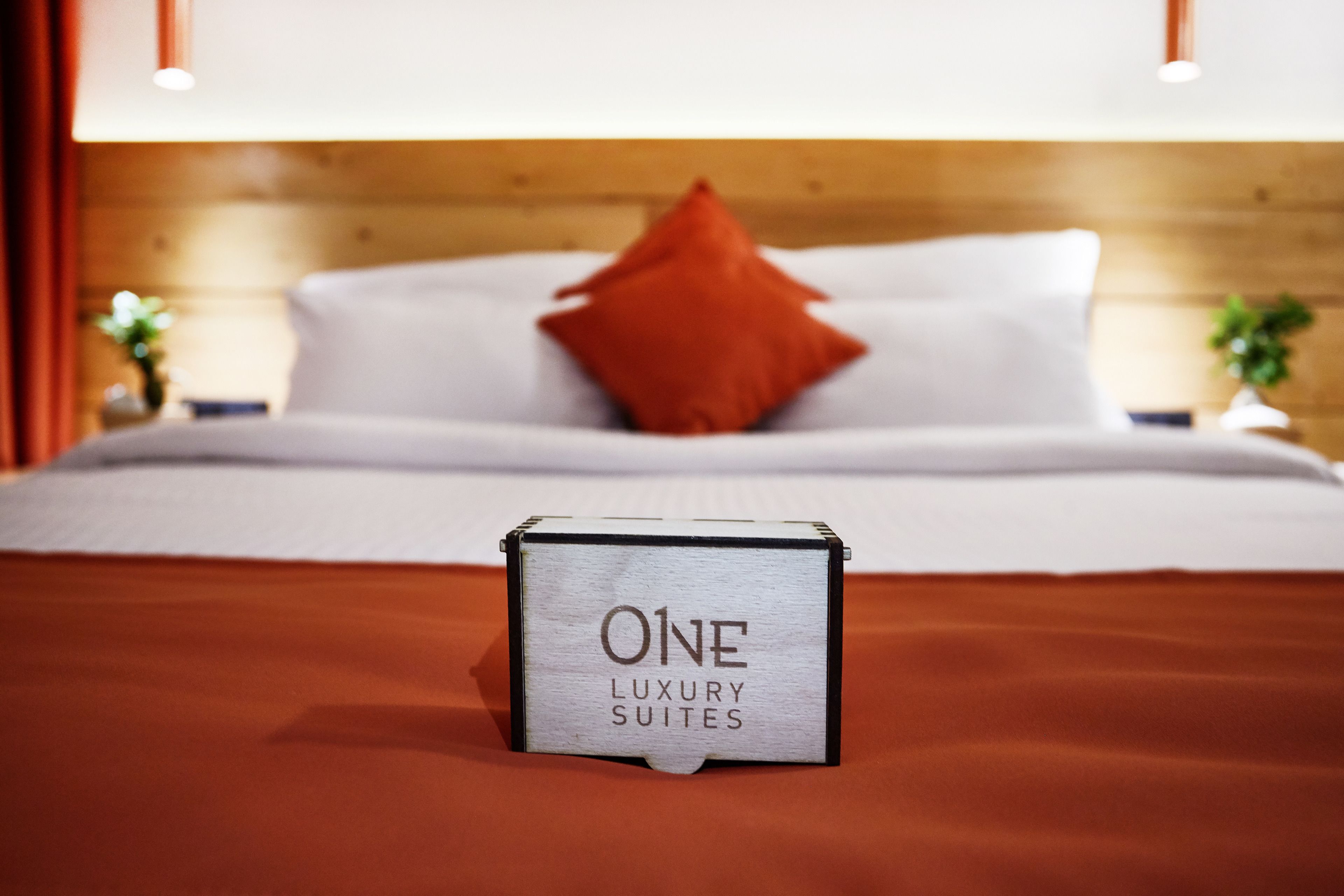 A bed with a white and red pillow, a wooden headboard, and a sign reading "ONE LUXURY SUITES".