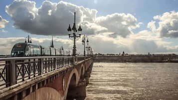 Un puente con un tren, un río y un paisaje urbano con una torre destacada al fondo.