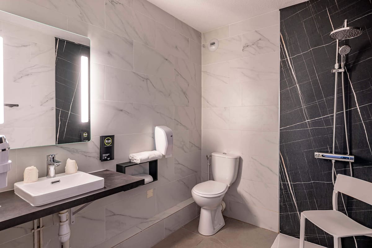 double room, accessible, non smoking | bathroom | shower, free toiletries, hair dryer, towels