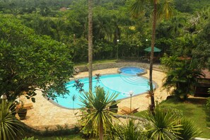 Outdoor pool, pool umbrellas, pool loungers