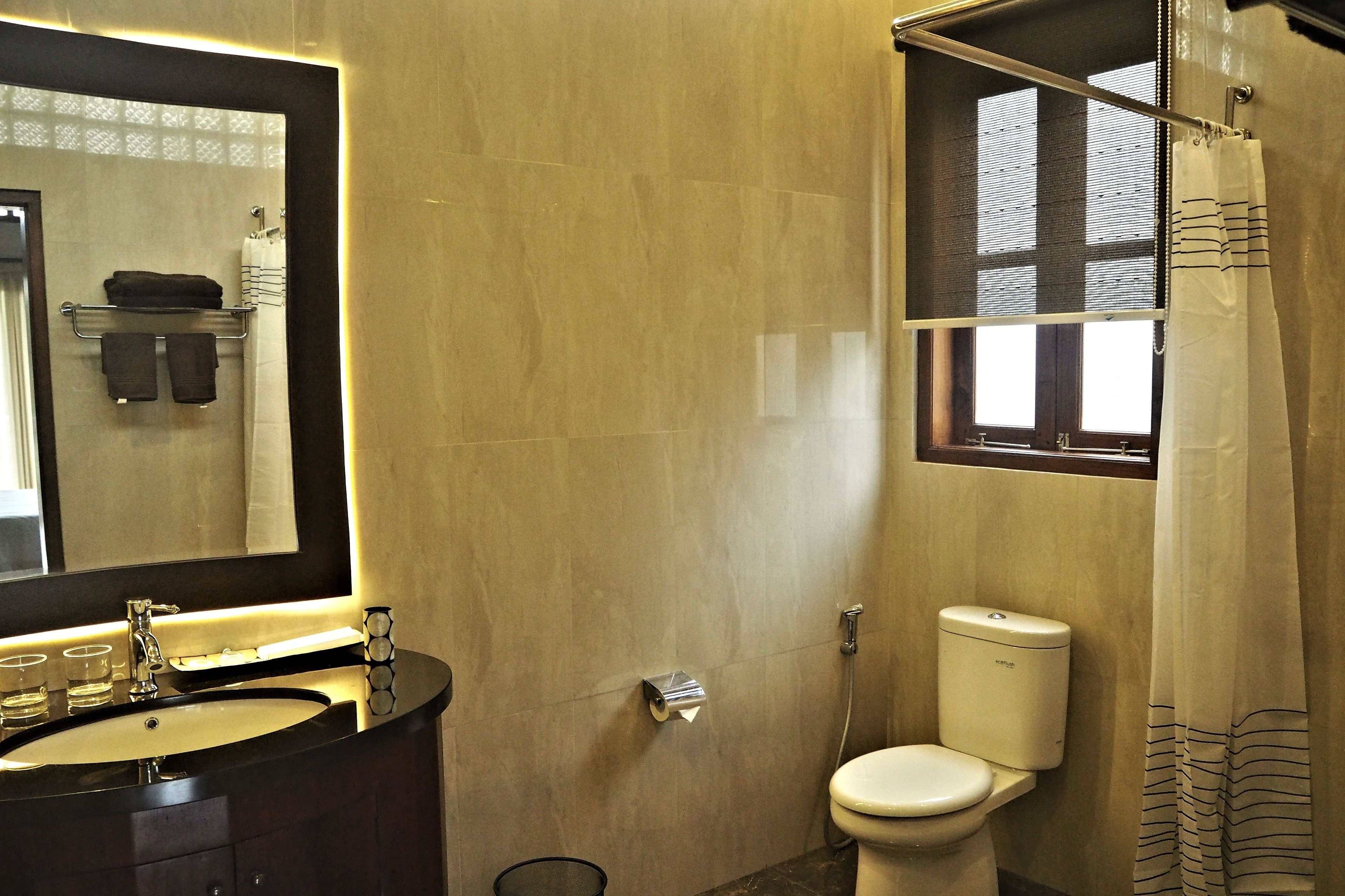 A bathroom with a sink, mirror, toilet, and shower curtain.