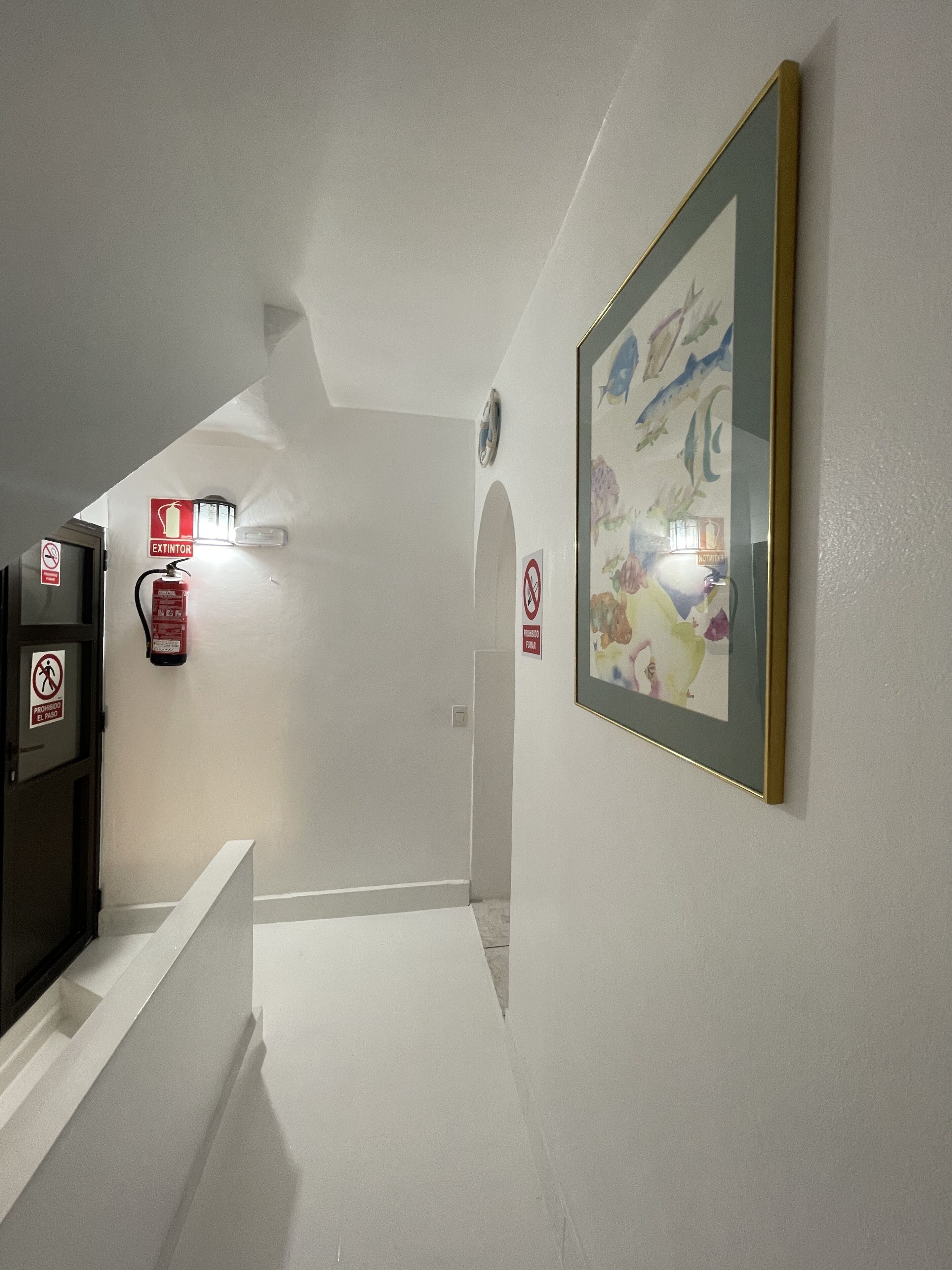 Un pasillo con extintor, cartel de no fumar y una obra de arte enmarcada en la pared.