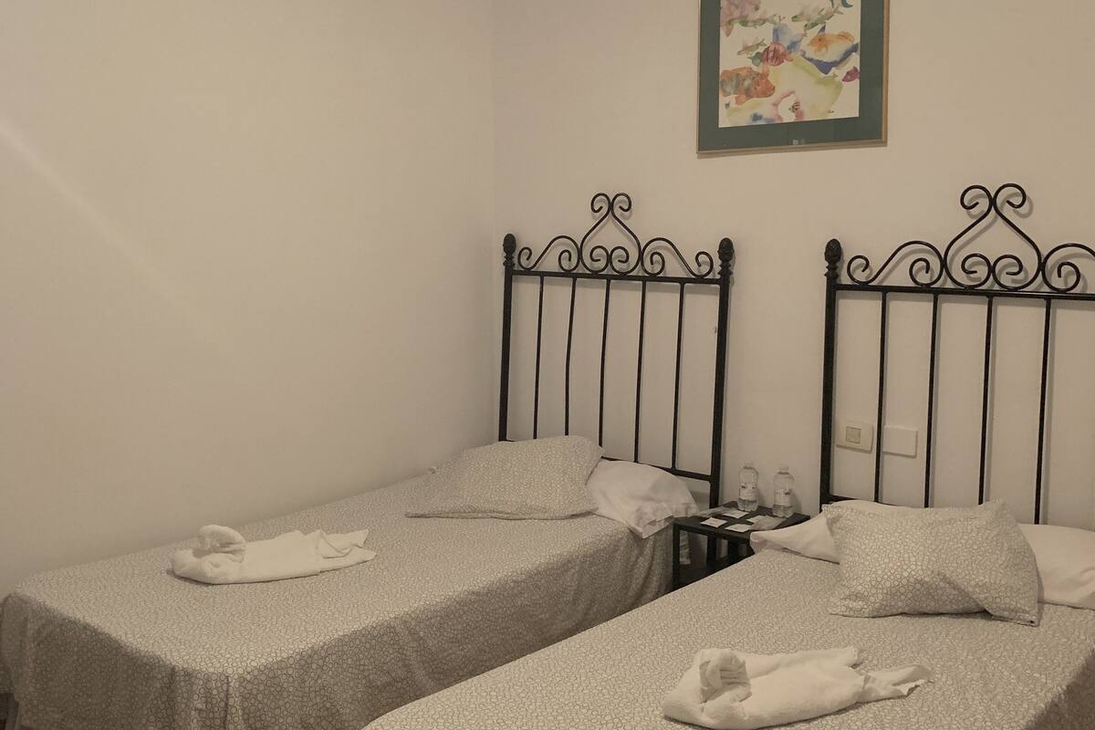 A room with two single beds, each with a metal headboard and a patterned bedspread. There is a small table with a water bottle and a framed picture on the wall above the beds.