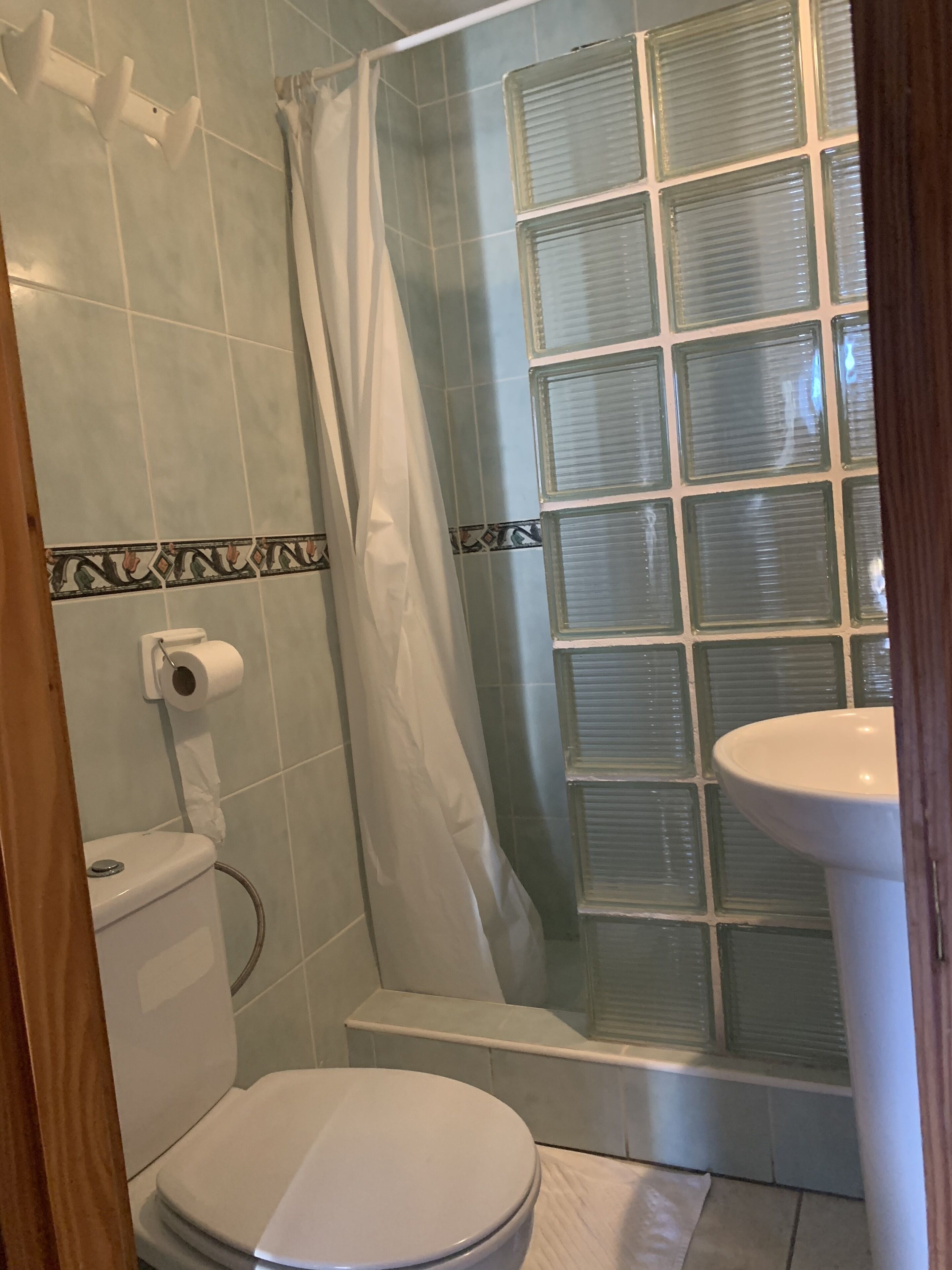 A bathroom with a toilet, shower, and sink.