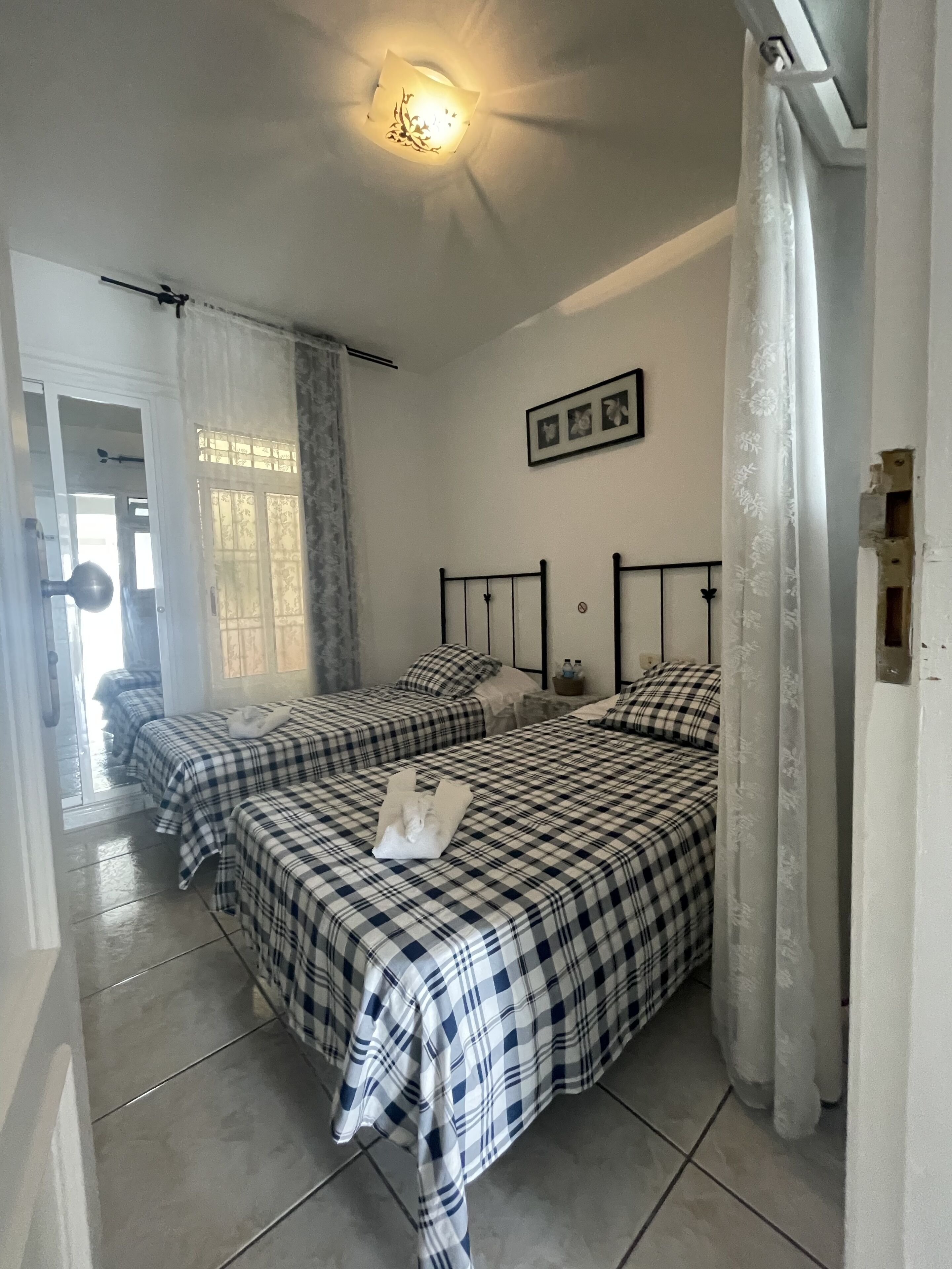 A room with two beds, a ceiling light, a framed picture, and a door with a mirror.