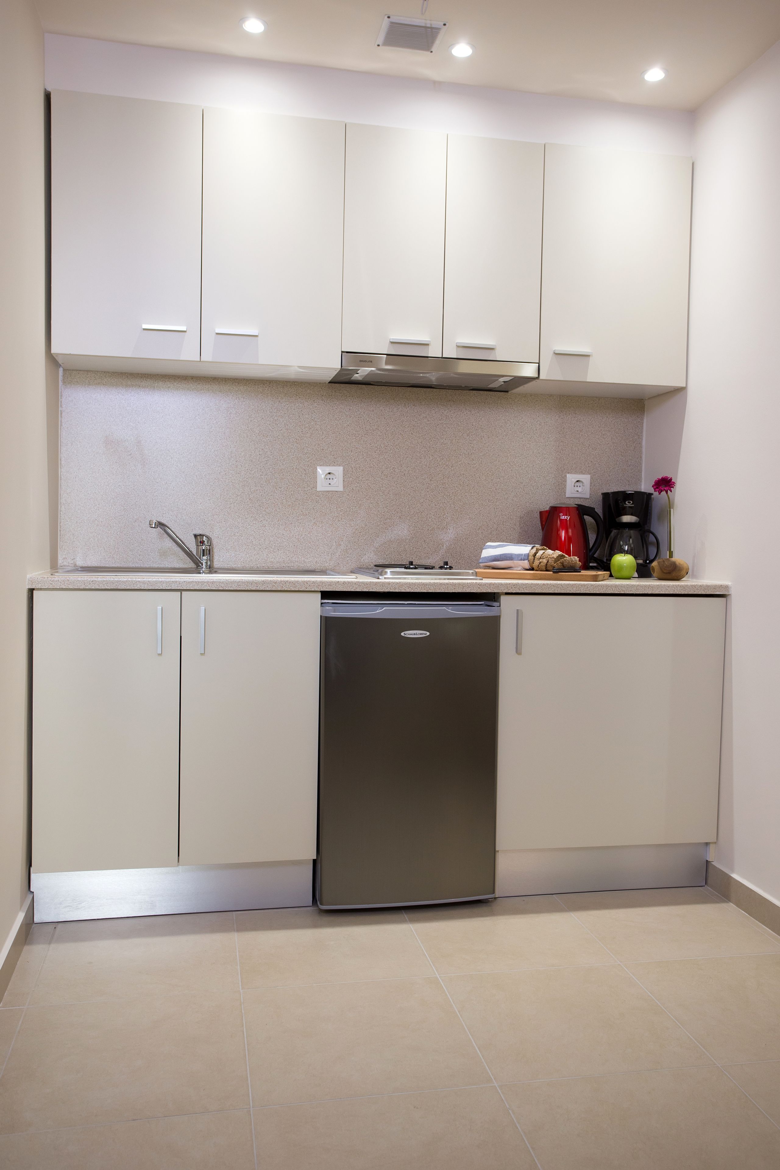 A compact kitchen with white cabinets, a stainless steel dishwasher, and a countertop with a coffee maker, toaster, and a small plant.