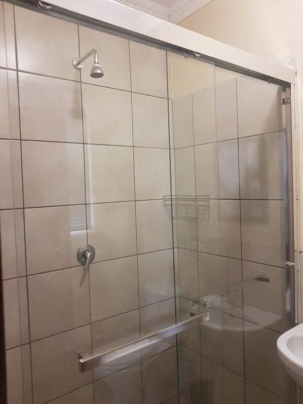 A glass-enclosed shower with a handheld showerhead and a glass shelf. - Sand River Cottages (Mbombela)