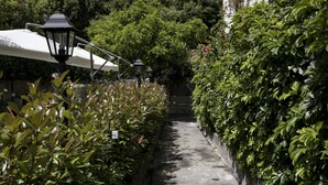 A narrow pathway flanked by lush greenery and a white umbrella structure. - Dimora Novecento (Catania)