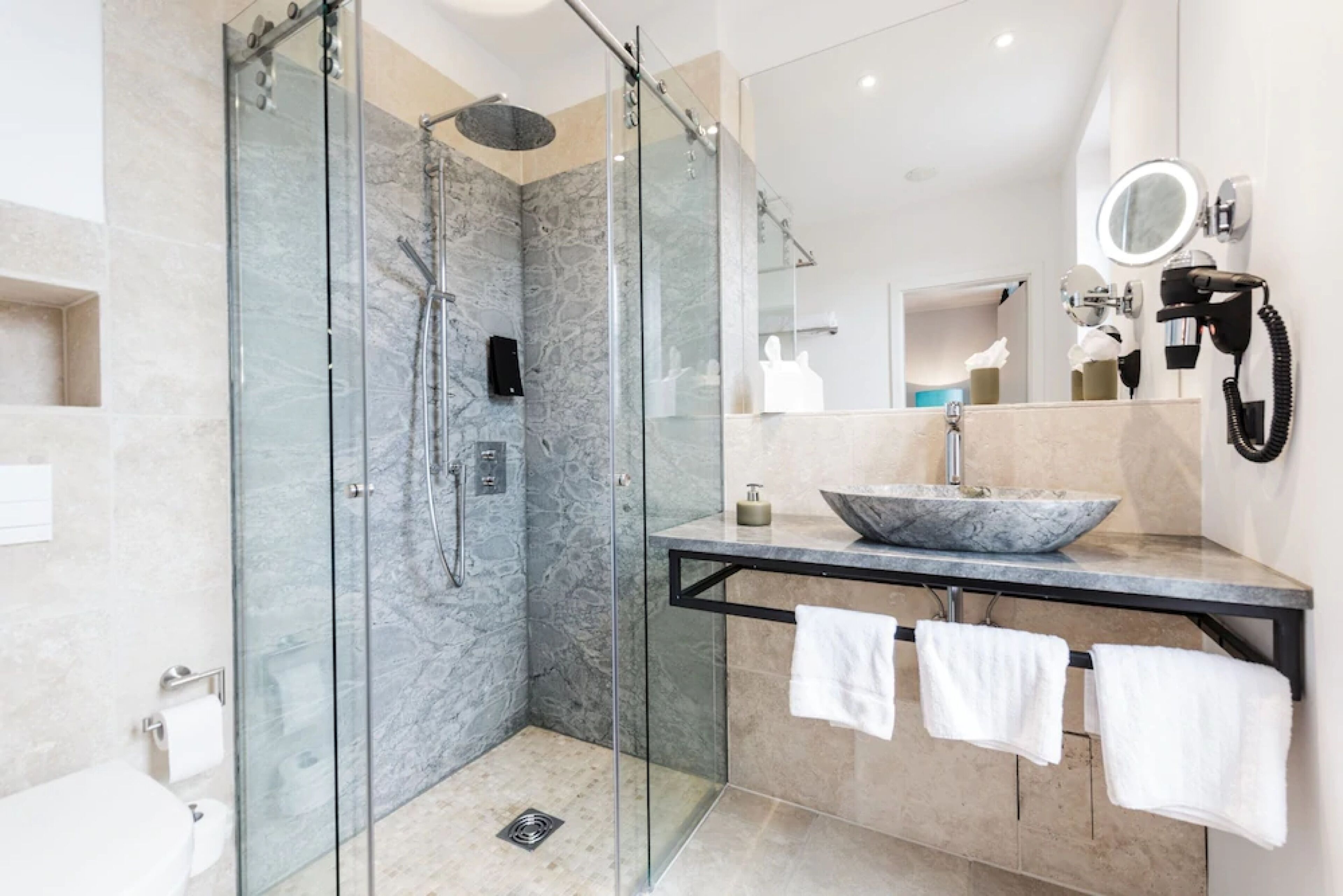 free toiletries, hair dryer, towels, soap