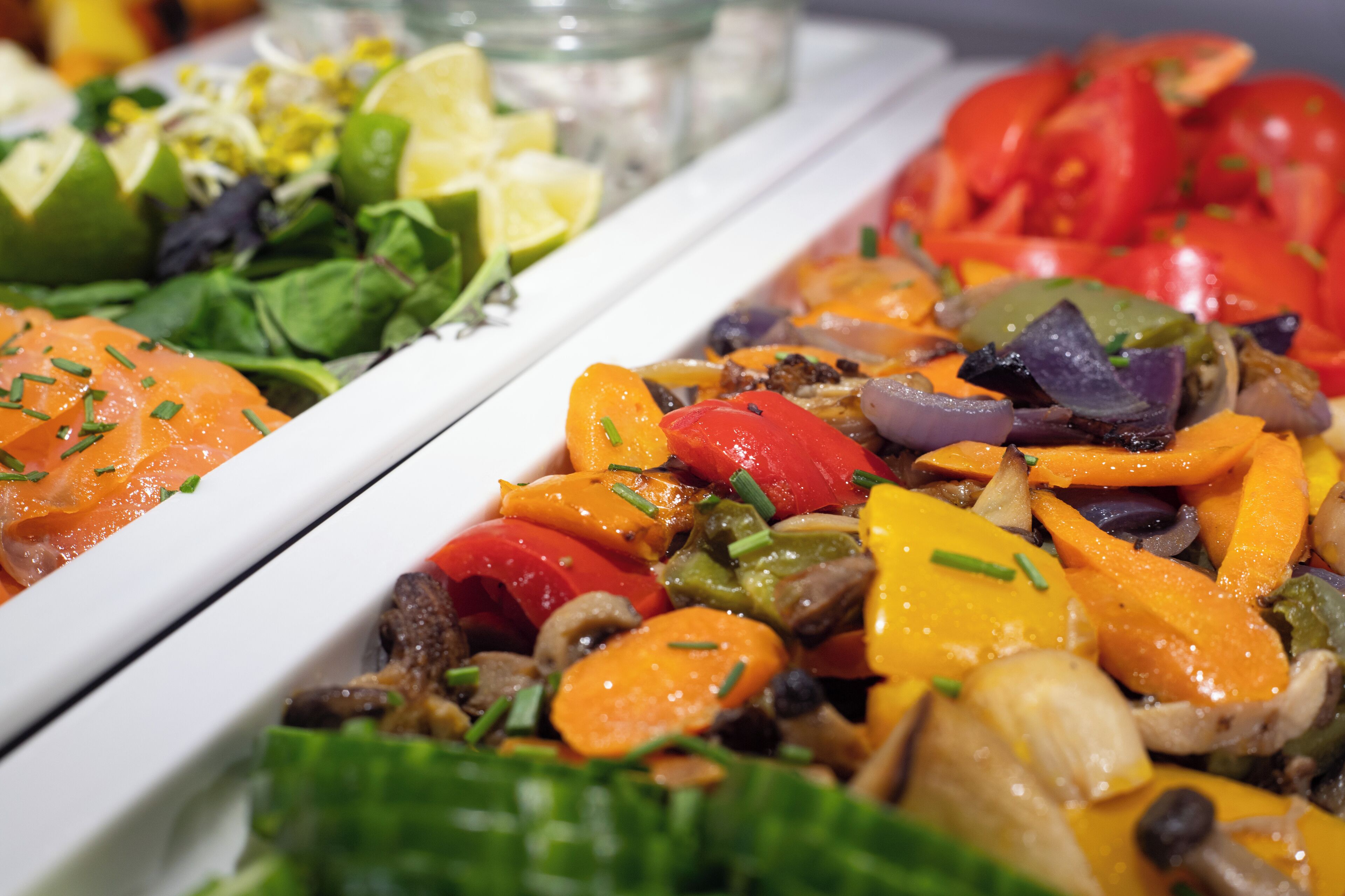 Diversos pratos, incluindo uma salada com folhas verdes e abacate, e um refogado com legumes e carne.