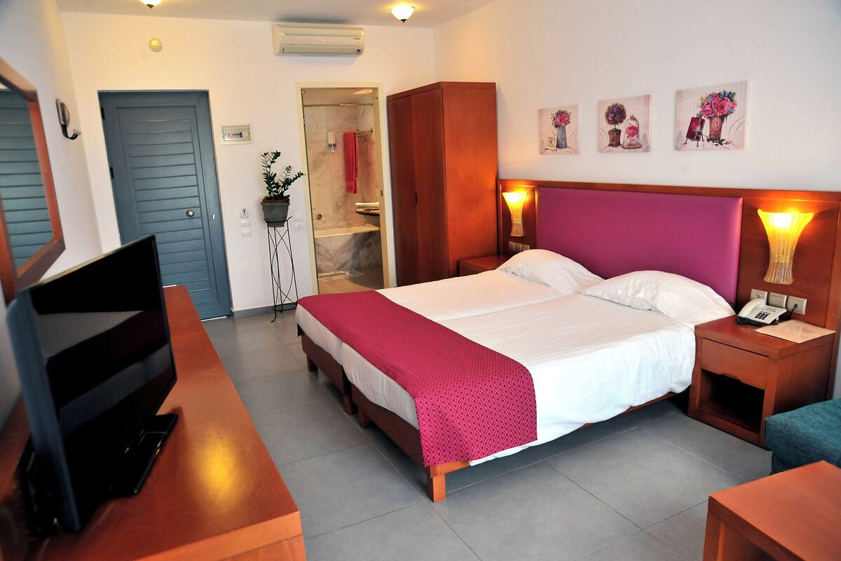 Habitación de hotel con cama, televisión, armario, baño y obras de arte en la pared.