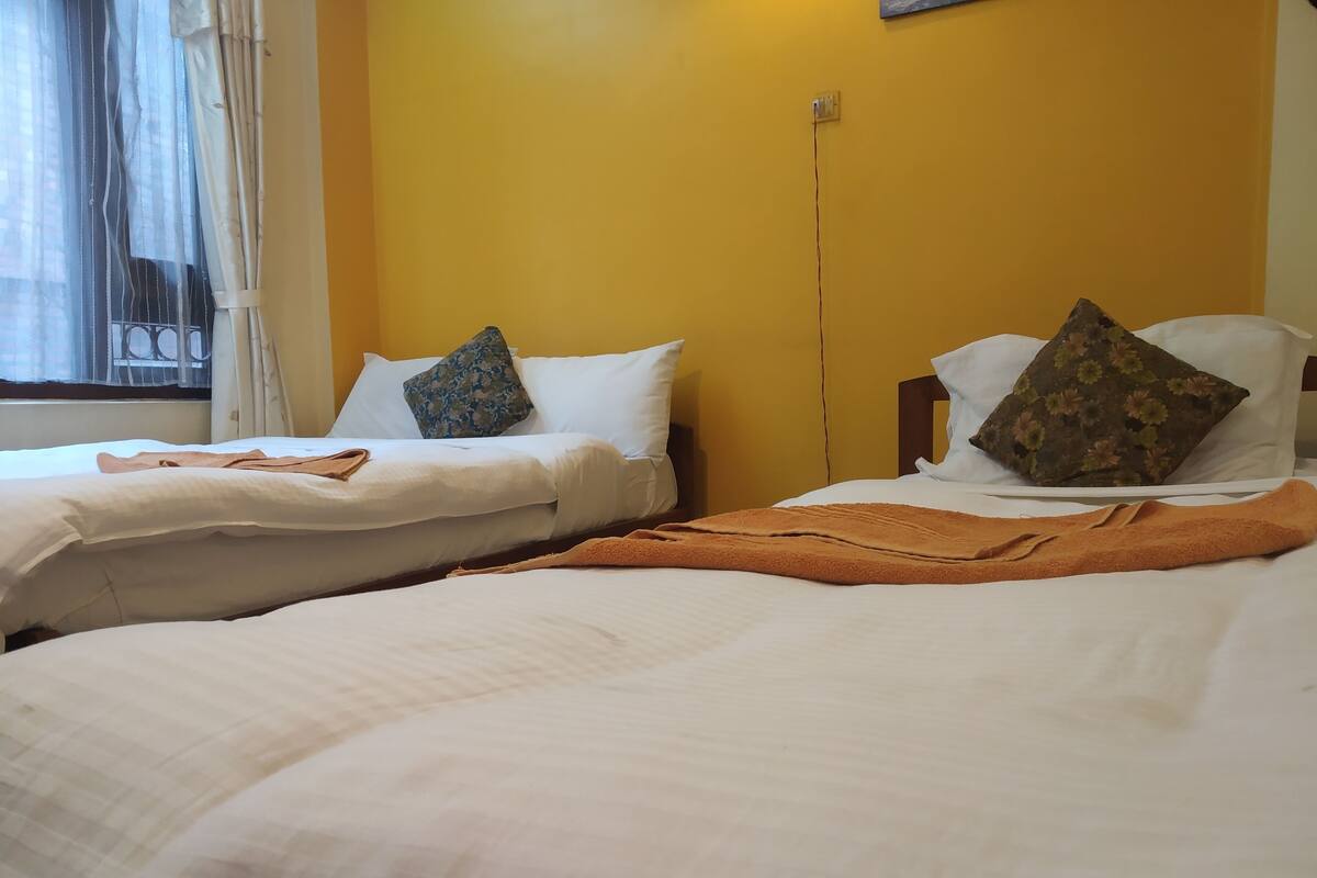 Ein Hotelzimmer mit zwei Betten, jeweils mit weißer Bettwäsche und Zierkissen.