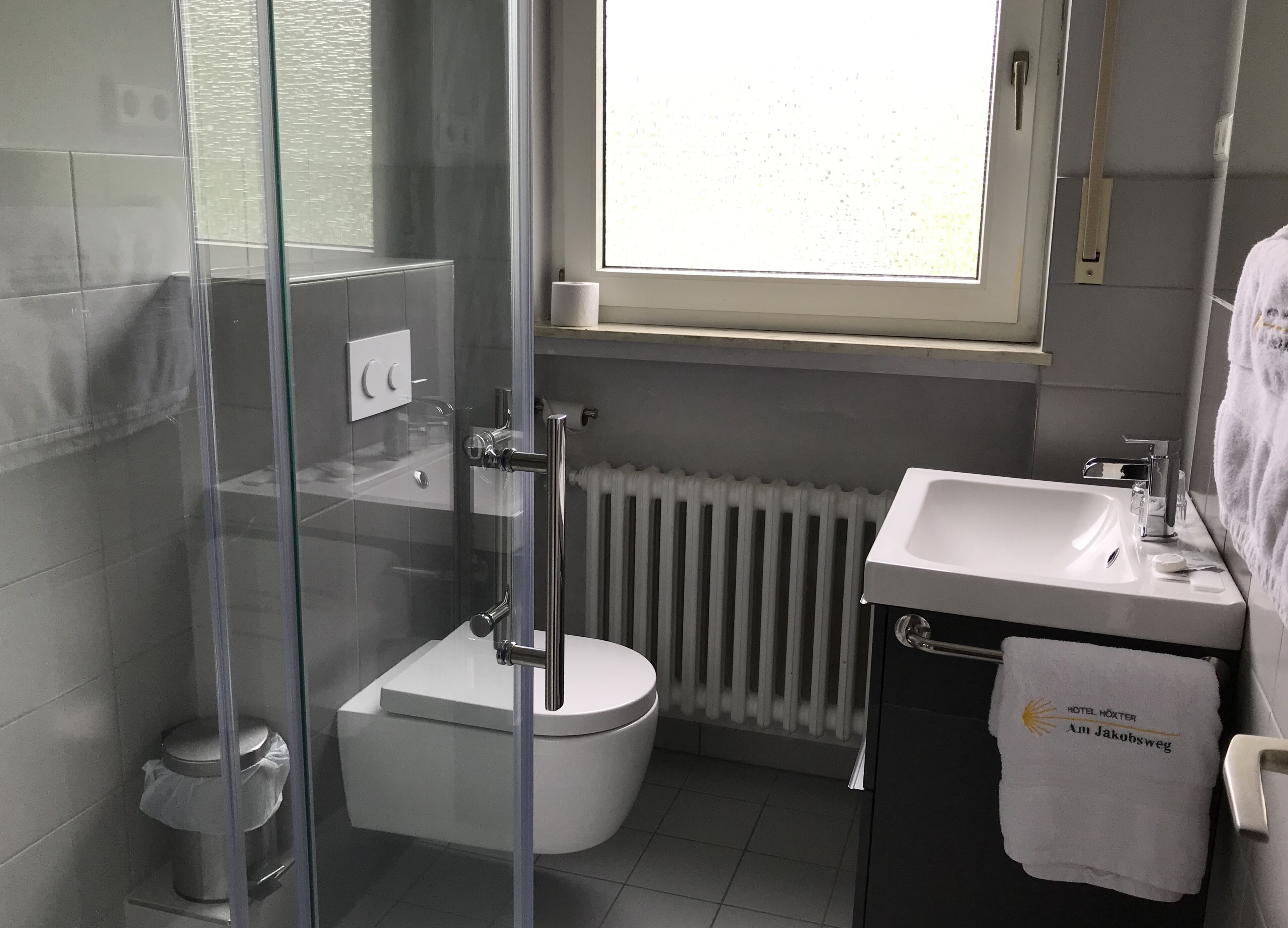 A modern bathroom with a glass-enclosed shower, a toilet, a sink, and a towel hanging on the wall.