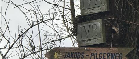Un panneau indicateur en bois, muni de flèches et d’inscriptions indiquant les itinéraires menant à « JAKOBS - PILGERWEG ».