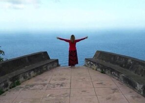 A person standing with arms outstretched on a concrete pathway overlooking a body of water.