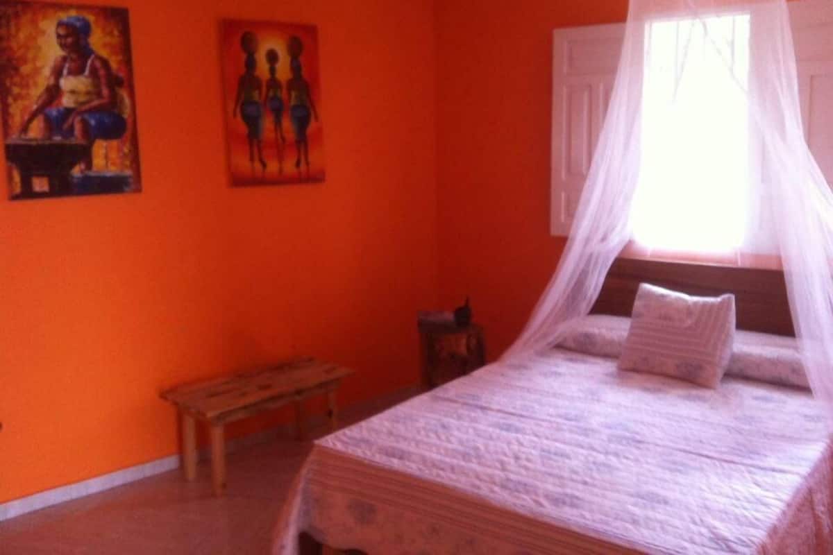 A room with an orange wall, a bed with a canopy, and two paintings.