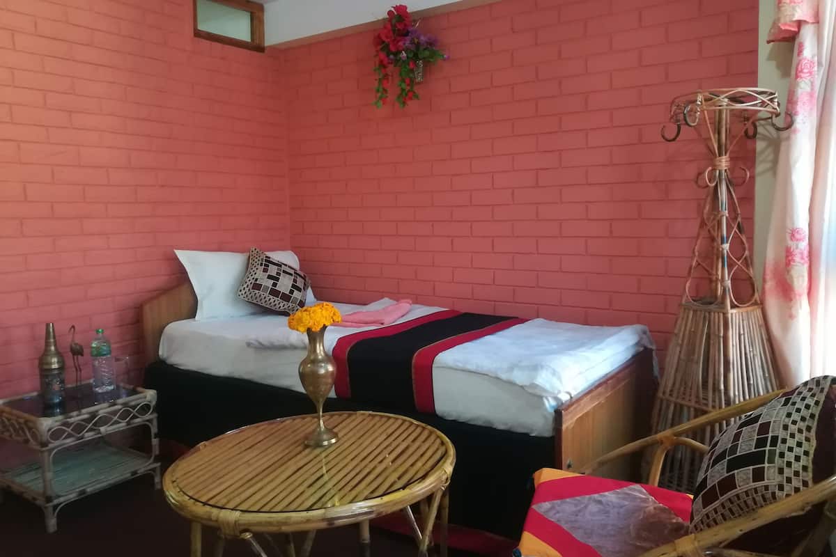 A room with a bed, a small round table, a chair, and a hanging plant.