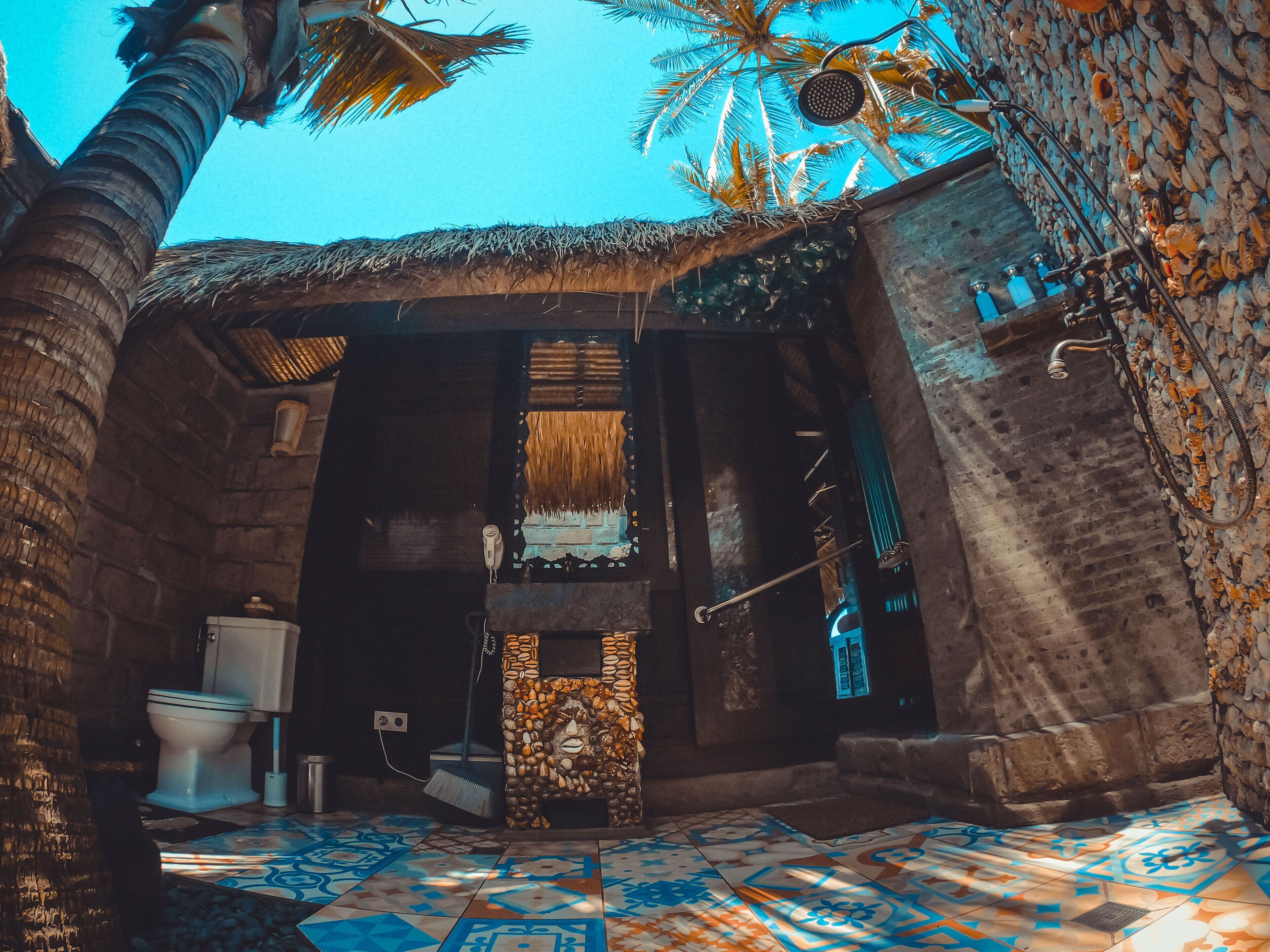 A bathroom with a thatched roof, a toilet, and a shower area with a stone wall.